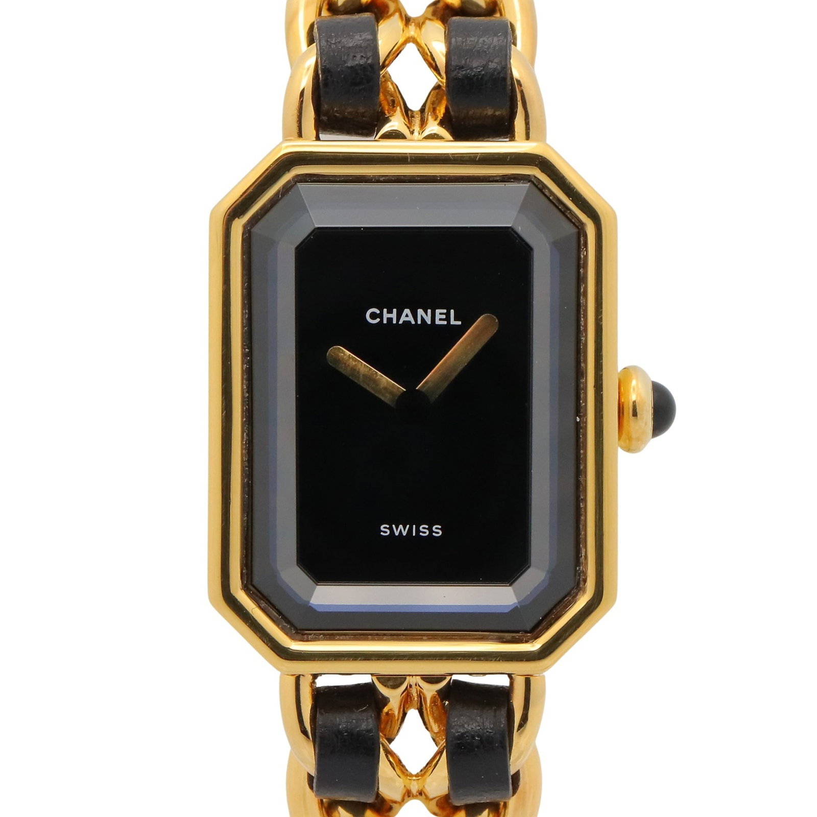 Chanel Wristwatch: Chanel Wristwatch Gold plated Chanel wristwatch with black dial, featuring a 20mm case diameter and adjustable gold plated leather band. This quartz-powered timepiece boasts a sleek design with a