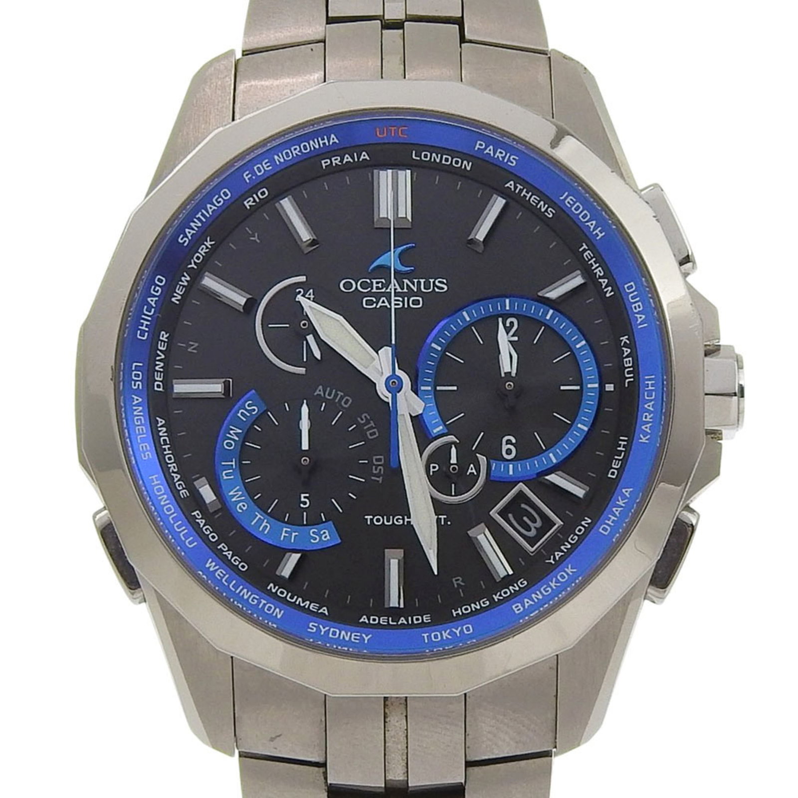 Wristwatch By Casio: Wristwatch By Casio Titanium case and band provide a durable and modern look, while the black dial offers a sleek aesthetic. This Casio wristwatch features radio wave control solar technology for