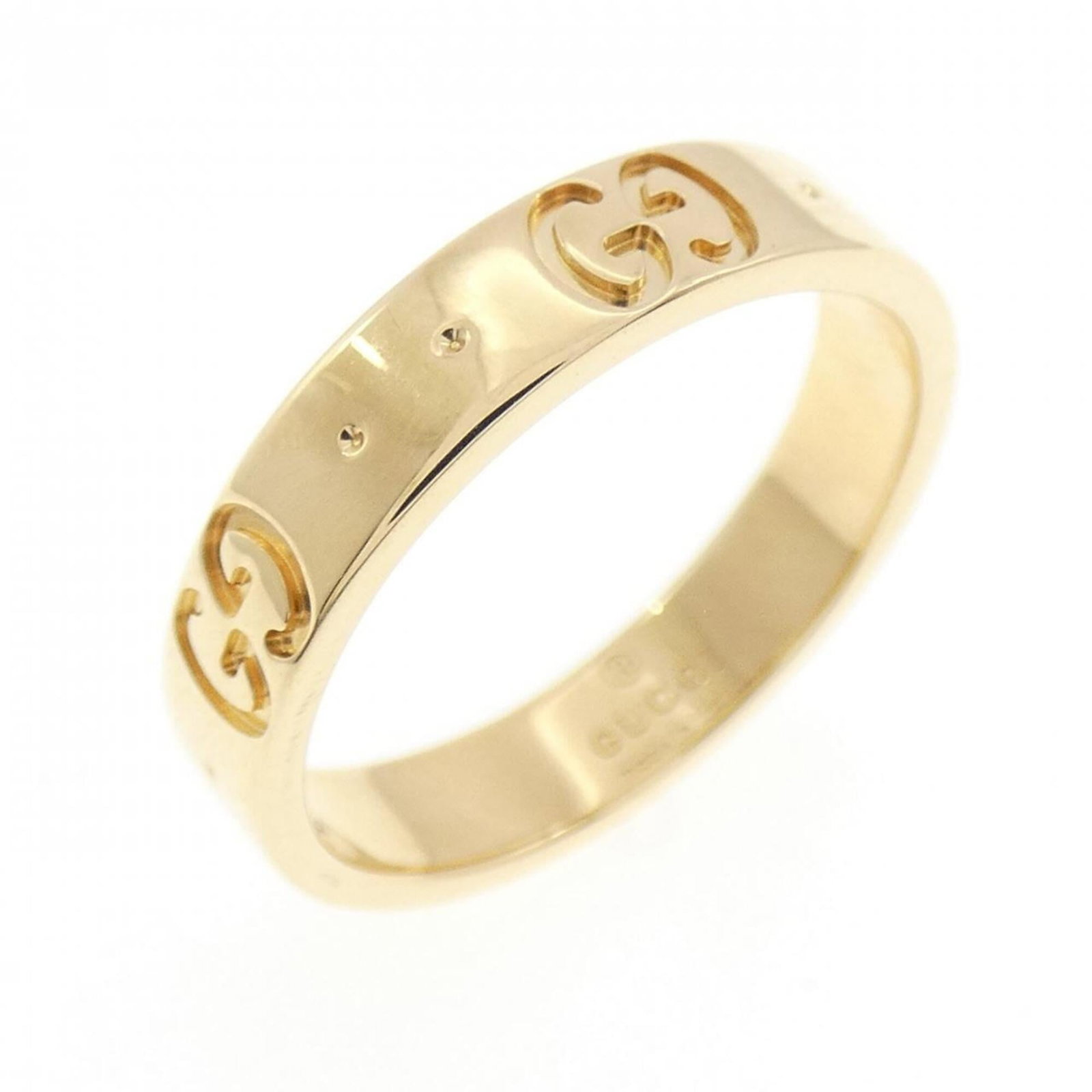 Yellow Gold Gucci Ring Band: Yellow Gold Gucci Ring Band Yellow gold (18K) details shine in this Gucci band ring, available in US size 5 and JP size 9. The piece boasts a classic design that complements various outfits, while