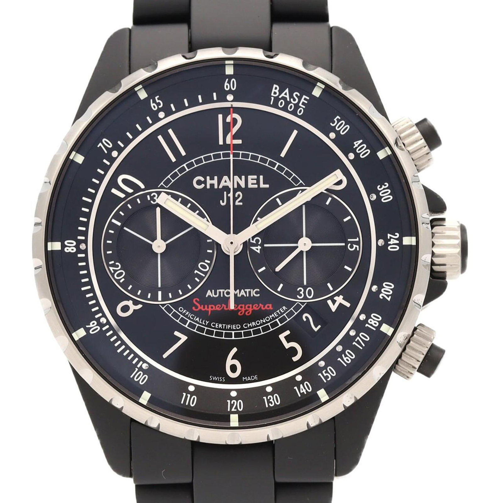 Chanel Wristwatch: Chanel Wristwatch Ceramic case and band provide a sleek, modern look for this self-winding automatic wristwatch. The black dial stands out against the neutral background, while the 41mm diameter