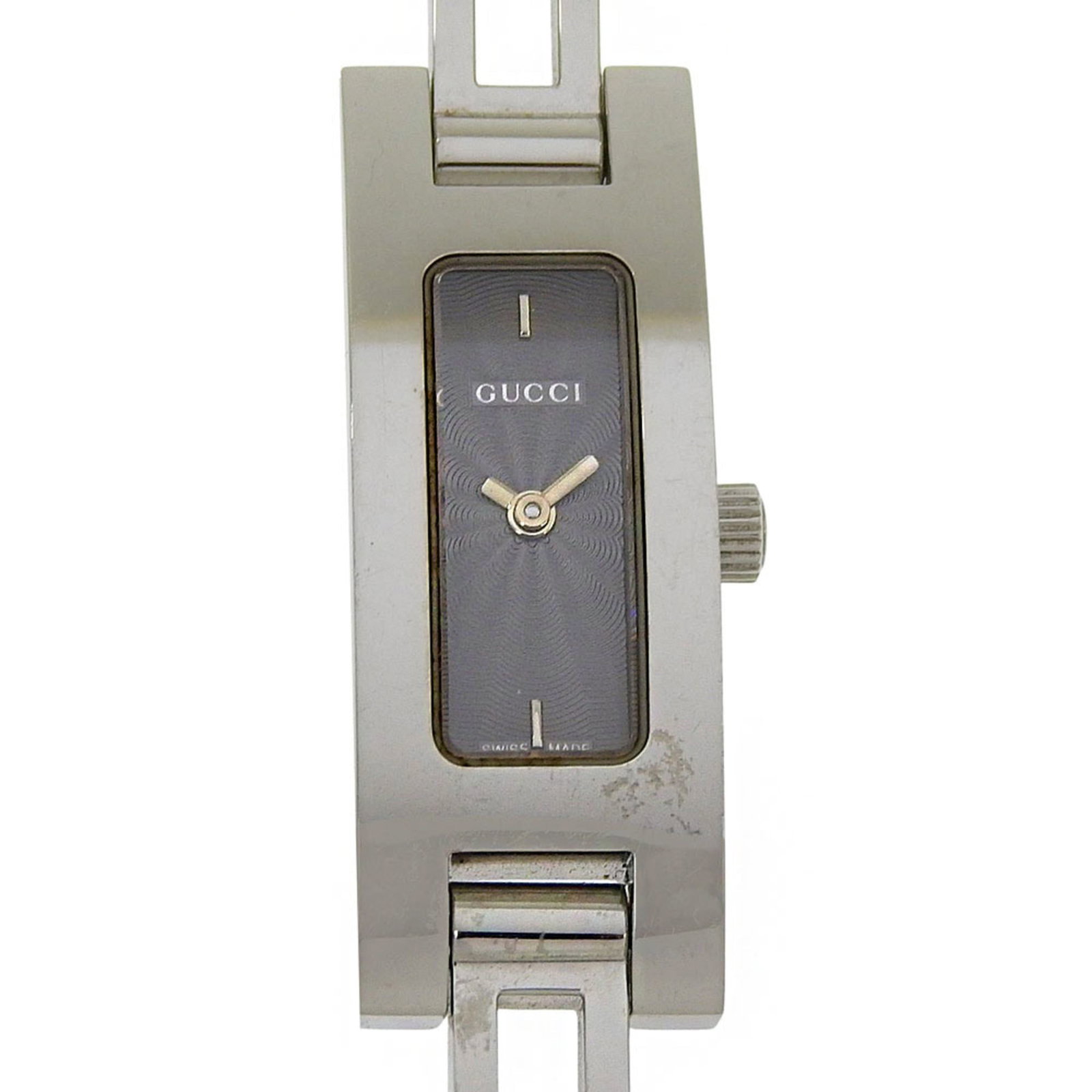 Gucci Wristwatch: Gucci Wristwatch Stainless steel case and band add a sleek touch to this black quartz wristwatch from Gucci, with a compact 12mm diameter that fits comfortably on the wrist. The watch features a