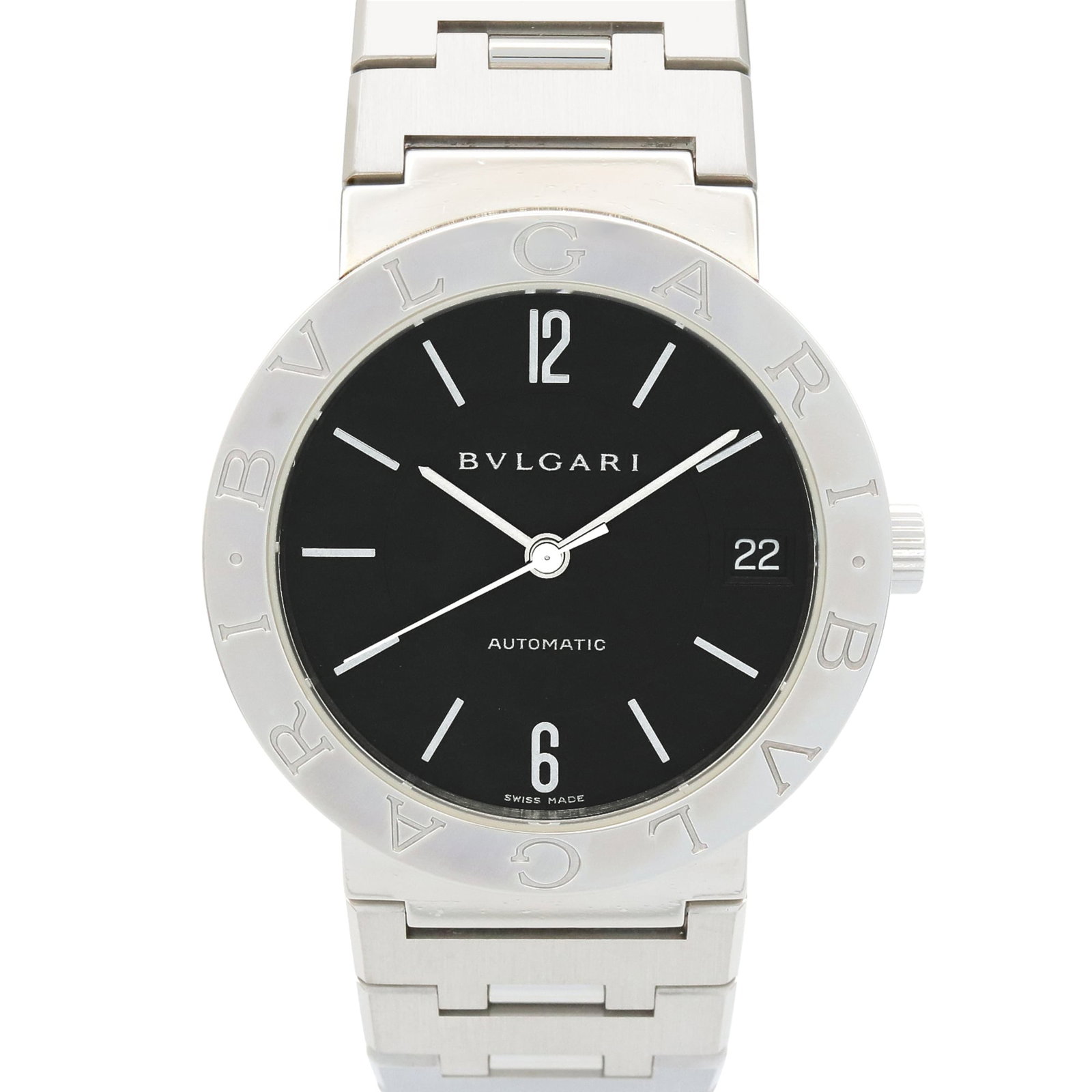Bvlgari Wristwatch: Bvlgari Wristwatch Stainless steel case and band, the Bvlgari wristwatch boasts a sleek black dial. Powered by self-winding automatic movement, this timepiece is designed to keep perfect time with