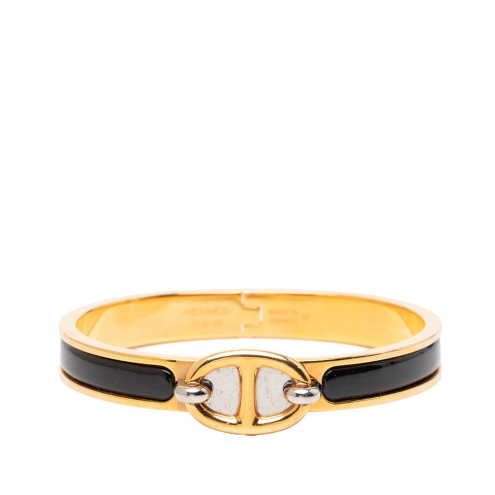 Hermes Bangle: Hermes Bangle Black and gold Hermes bangle with a length of 15.5cm, featuring the iconic brand's signature style. This sleek and sophisticated accessory is crafted from high-quality materials, making 