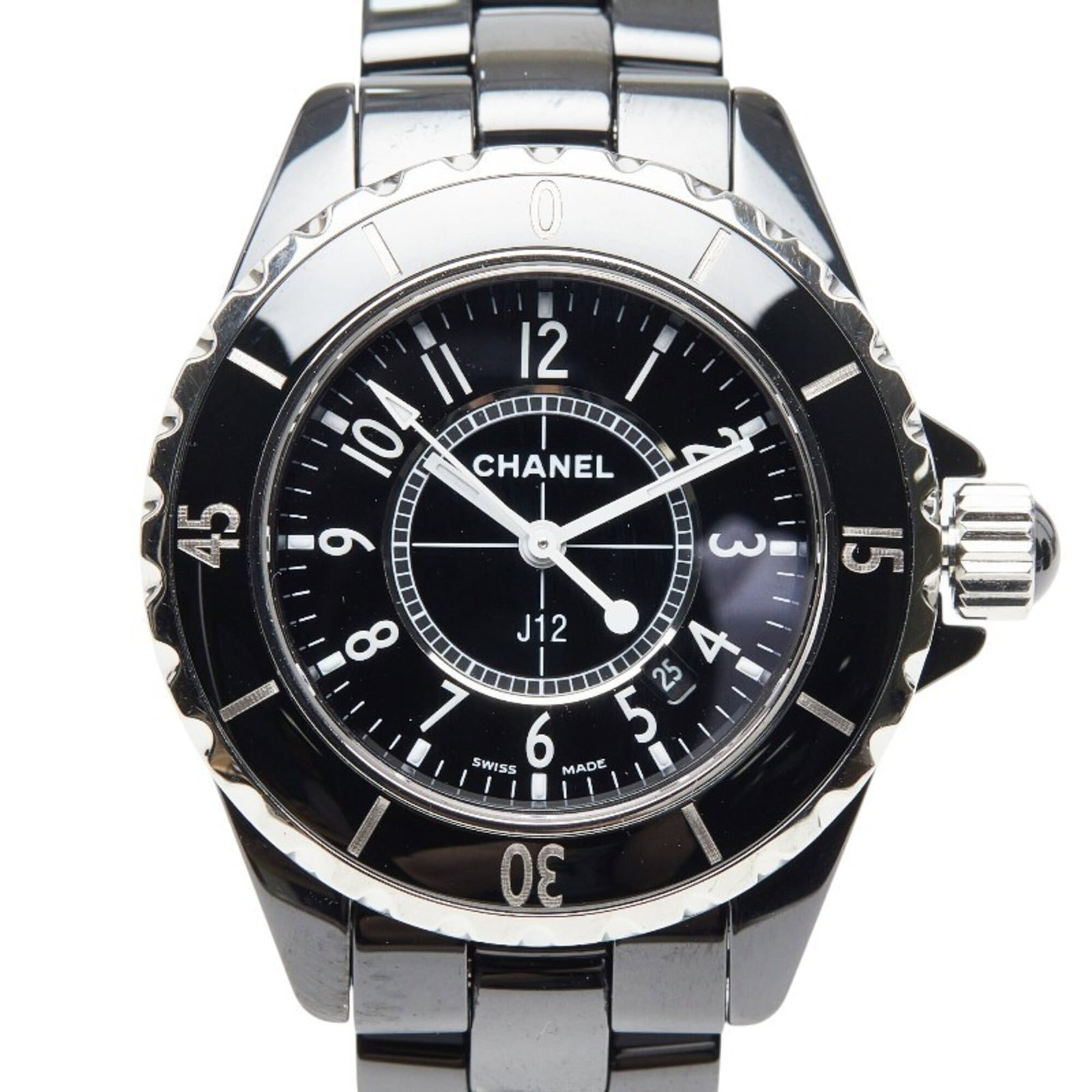 Chanel Wristwatch: Chanel Wristwatch Ceramic and stainless steel construction provides a sleek, modern look for this Chanel wristwatch. The black dial stands out against the watch's durable case, measuring 33.9mm in