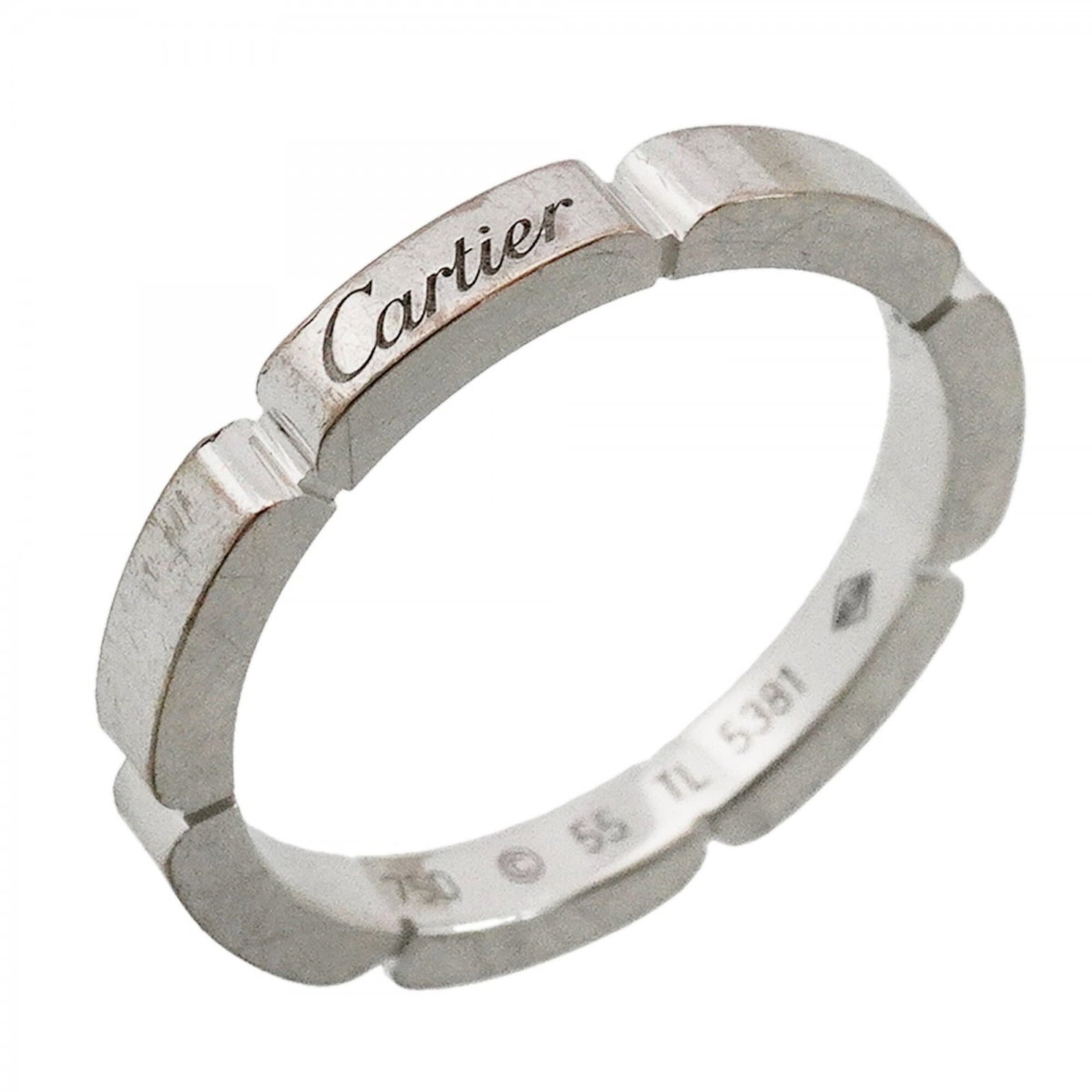 Gold White Ring Cartier Band: Gold White Ring Cartier Band White gold (18K) Cartier band ring, featuring a classic design with a sleek and sophisticated style. This men's ring measures 55 US size and fits a US size 7.5. The band