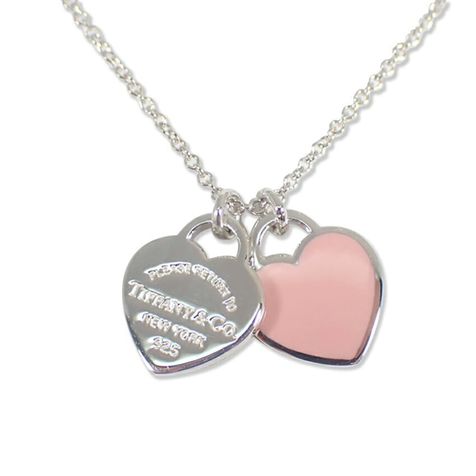 Tiffany & Co. 925 Return To Double Heart Tag Pink Necklace: Tiffany & Co. 925 Return To Double Heart Tag Pink Necklace Sterling silver 925, the Tiffany & Co. necklace features a Return To Double Heart Tag pendant in pink, showcasing a unique design element.