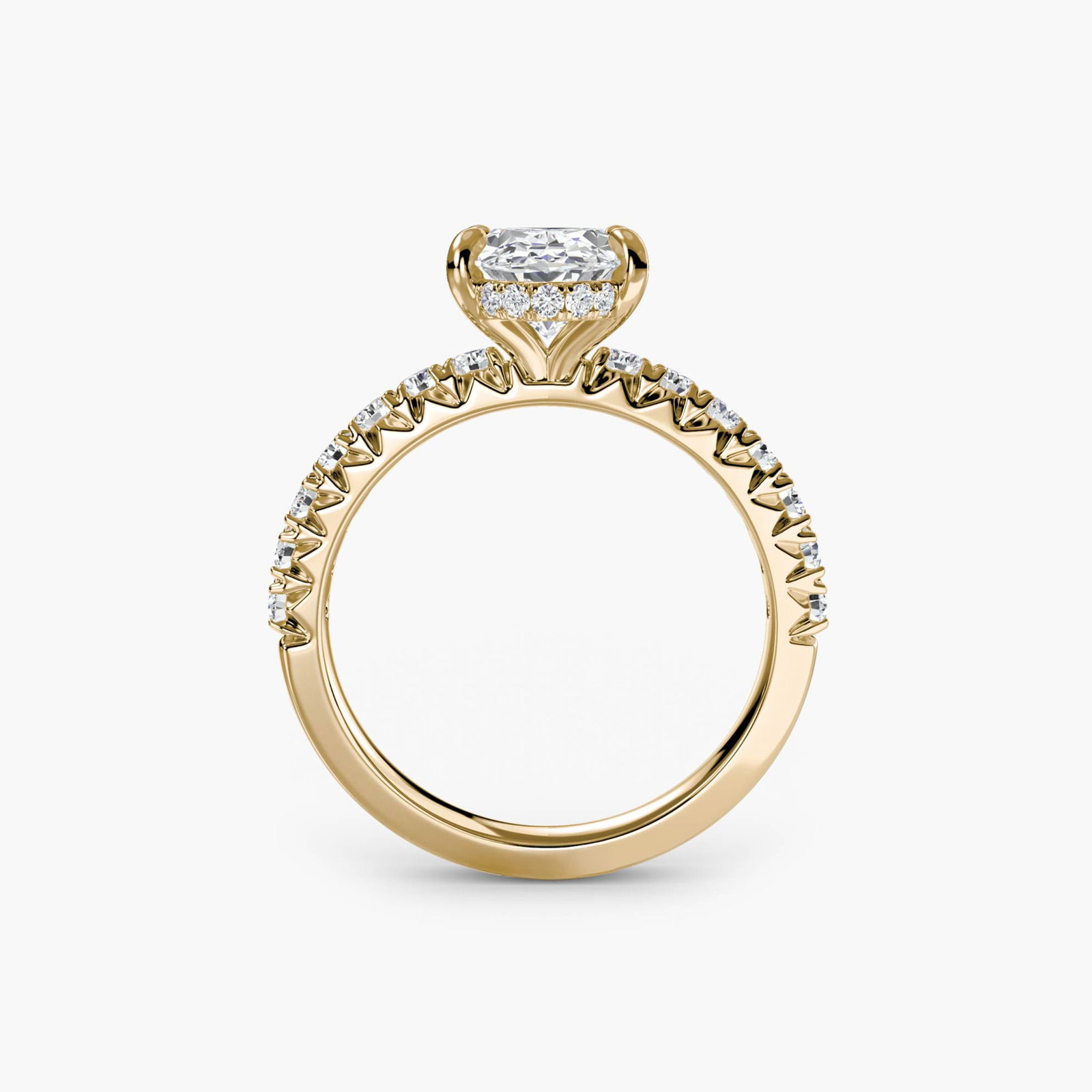 Hidden Halo Oval 18Kt Yellow Gold Ring Setting: Hidden Halo Oval 18Kt Yellow Gold Ring Setting 18Kt Yellow Gold Oval Ring Setting with Hidden Halo Design, Featuring 30 Lab-Grown Side Stones and a Total Carat Weight of 0.43 CT. This elegant ring set