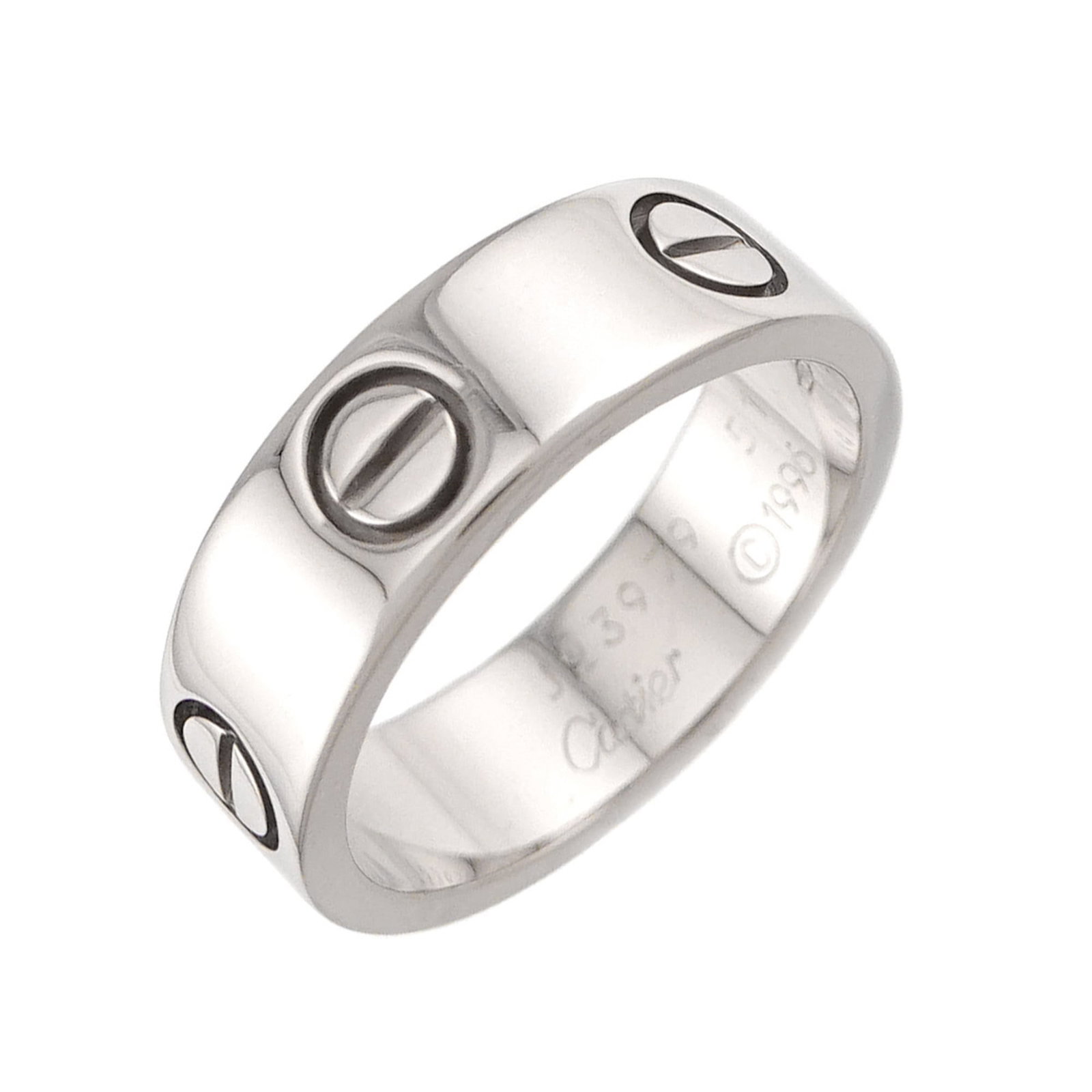Gold White Ring Cartier Band: Gold White Ring Cartier Band White gold (18K) Cartier band ring with a sleek design, featuring a signature from the artist. This elegant piece is made from high-quality white gold and boasts a