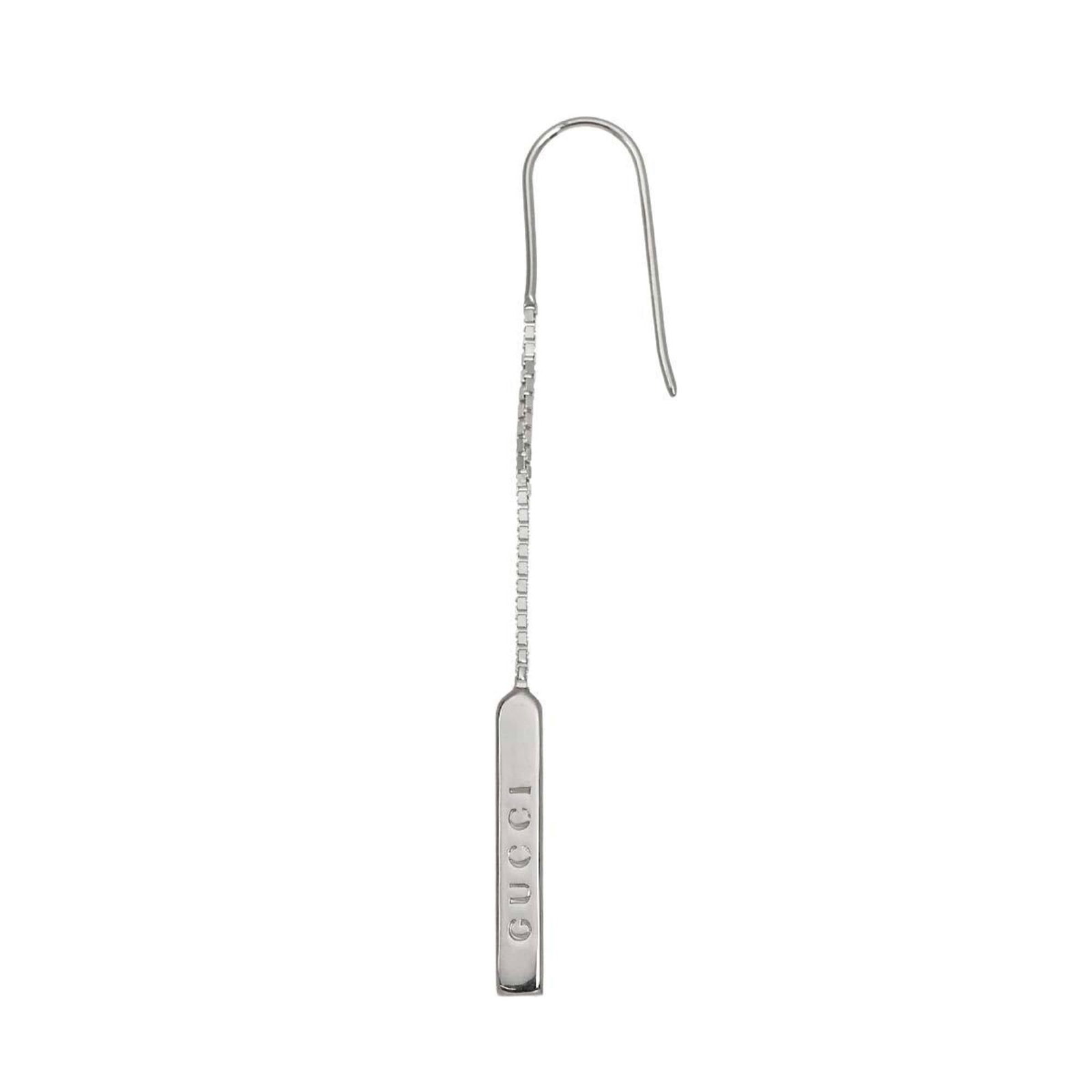 Gucci Drop Earrings: Gucci Drop Earrings White gold drop earrings from Gucci, featuring an 18K metal purity and dimensions of 58.00mm x 3.00mm. Weighing 1.7g / 0.05oz, these single earring pieces showcase a sleek design