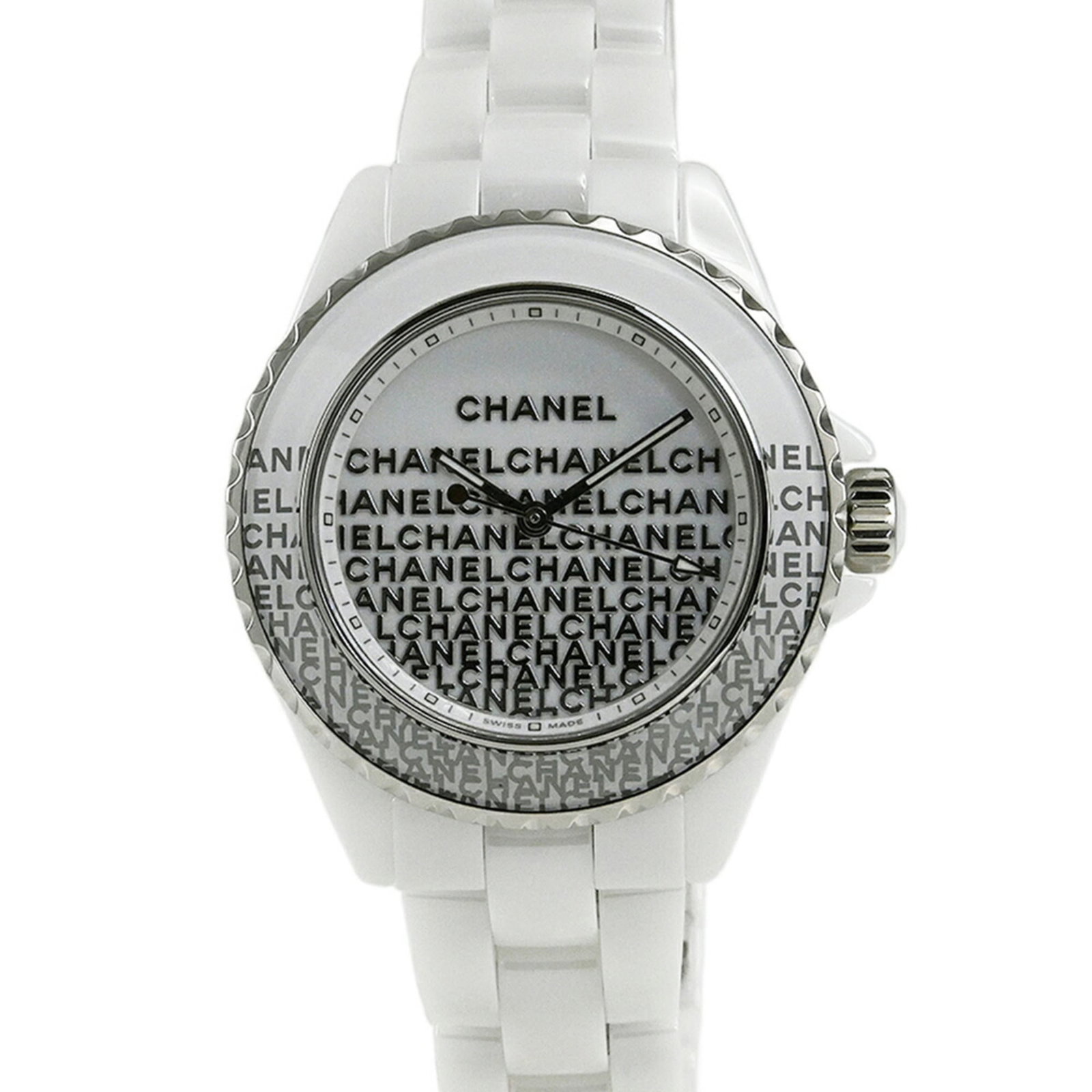 Chanel Wristwatch: Chanel Wristwatch Ceramic case and band, white dial, and quartz movement make this Chanel J12 wristwatch a sleek and functional timepiece. Water-resistant up to 200m, it's perfect for everyday wear.