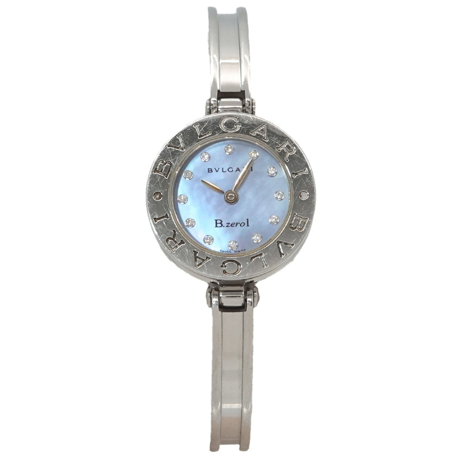 Bvlgari Wristwatch: Bvlgari Wristwatch Stainless steel case and band, the Bvlgari wristwatch boasts a sleek design with a blue shell dial. Powered by a quartz movement, this timepiece offers reliable accuracy. With its