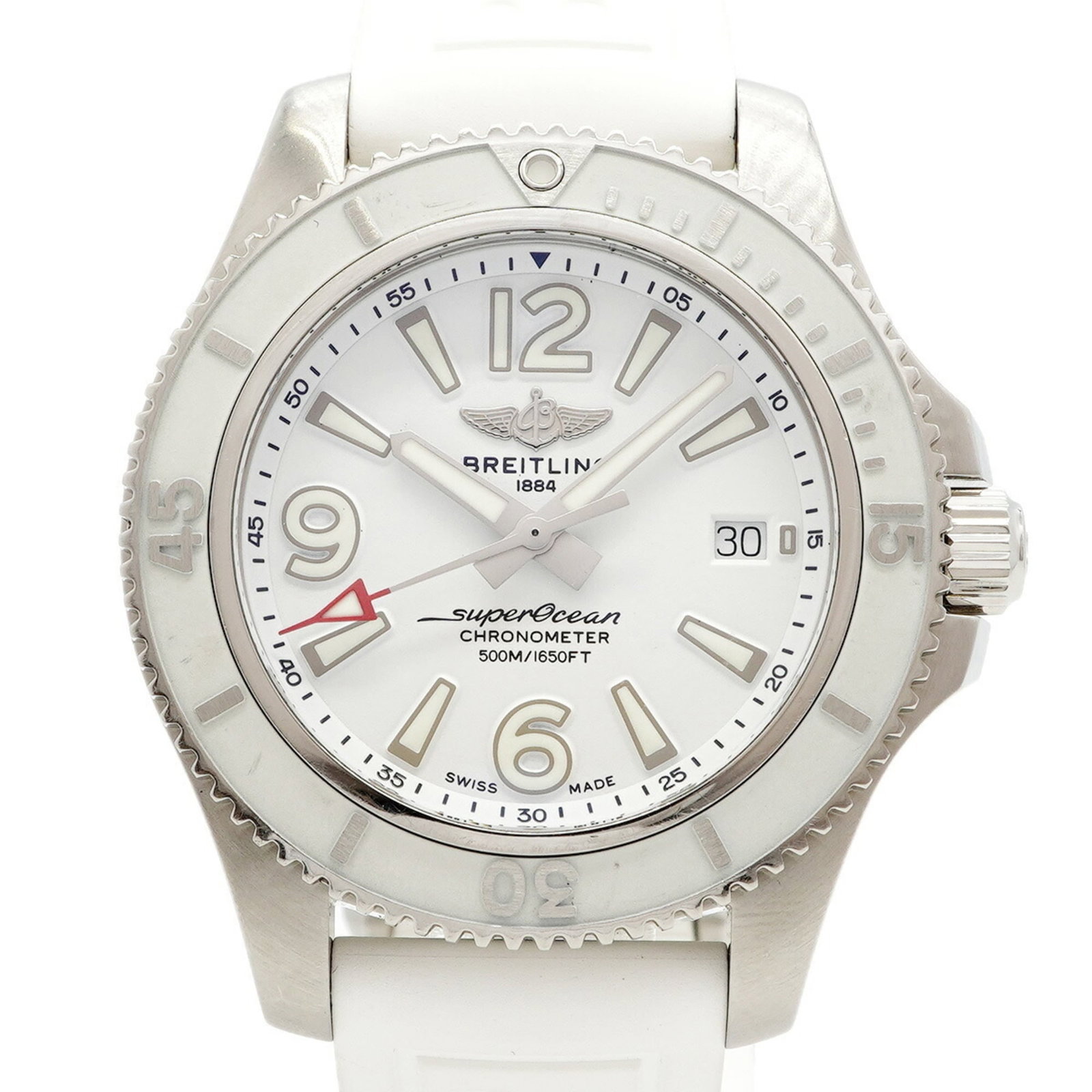 Breitling Wristwatch: Breitling Wristwatch The Breitling A17366 wristwatch boasts a sleek, white dial and a durable rubber band. Powered by its self-winding automatic movement, this timepiece features a 42mm case diameter