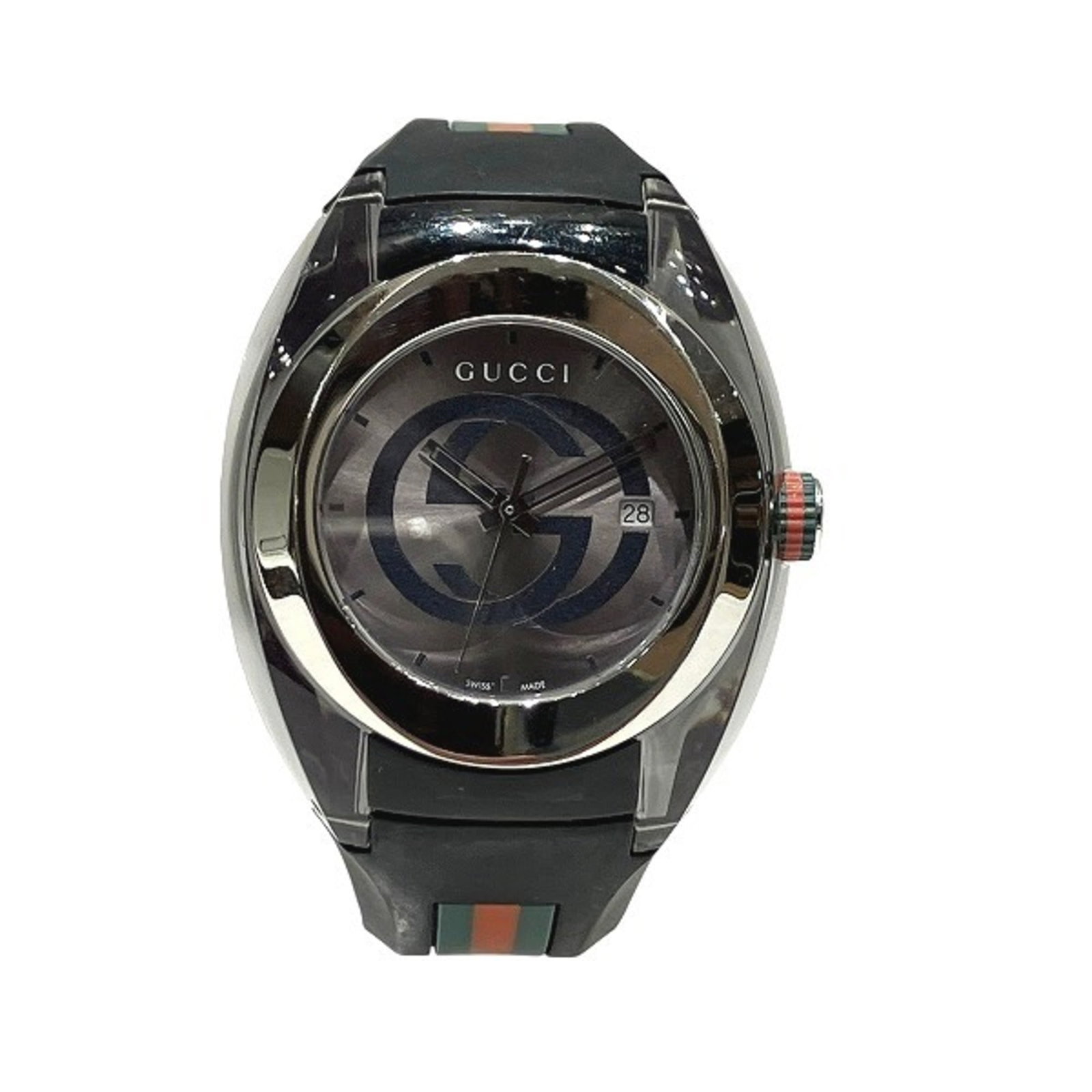 Gucci Wristwatch: Gucci Wristwatch Stainless steel case and rubber band provide a sleek, durable design. The silver dial stands out against the metallic backdrop, adding a touch of sophistication to this Gucci wristwat