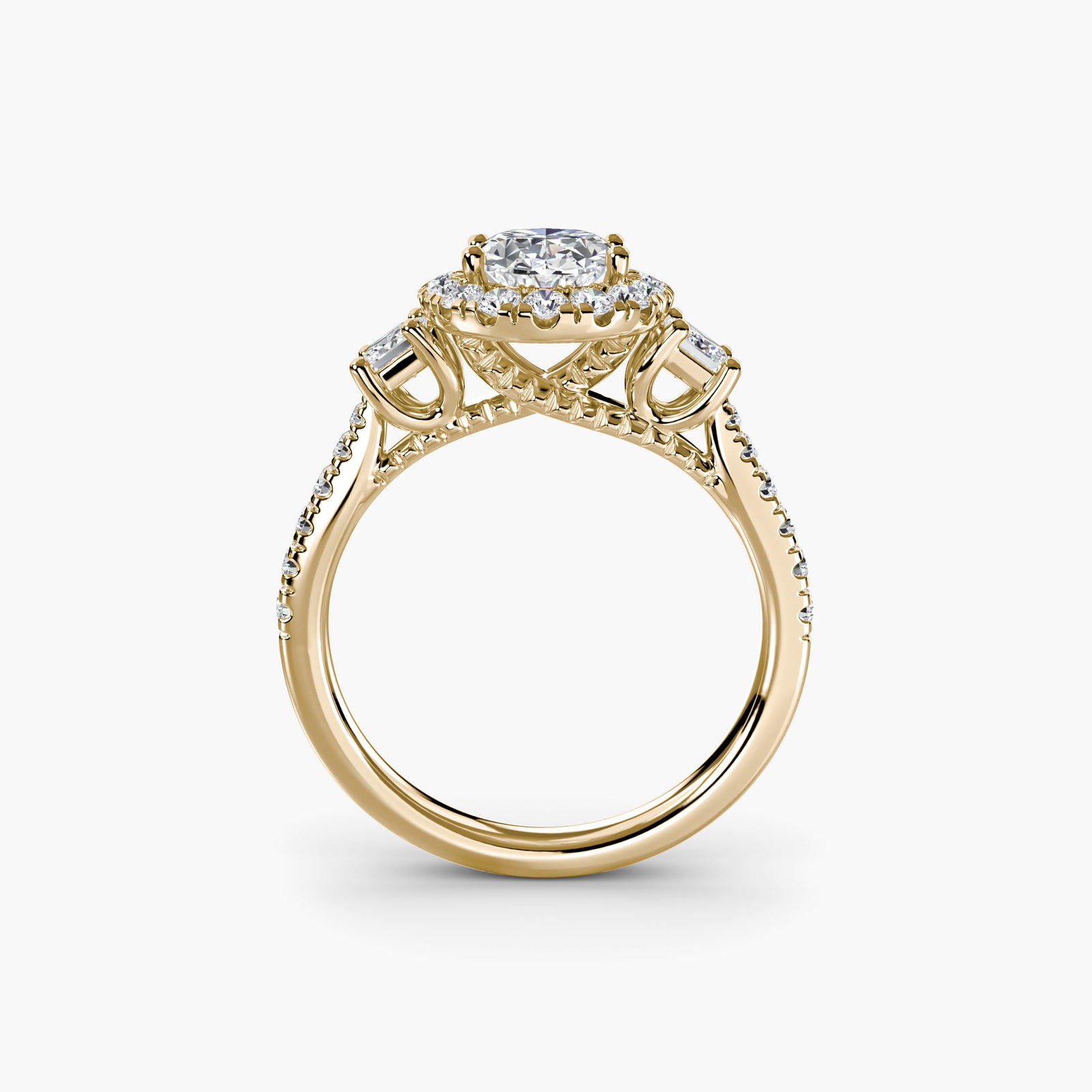 Halo Oval 18Kt Yellow Gold Ring Setting: Halo Oval 18Kt Yellow Gold Ring Setting 18Kt Yellow Gold Oval Ring Setting with Halo Design. This stunning ring setting features an oval-shaped metal band adorned with 30 lab-grown side stones,
