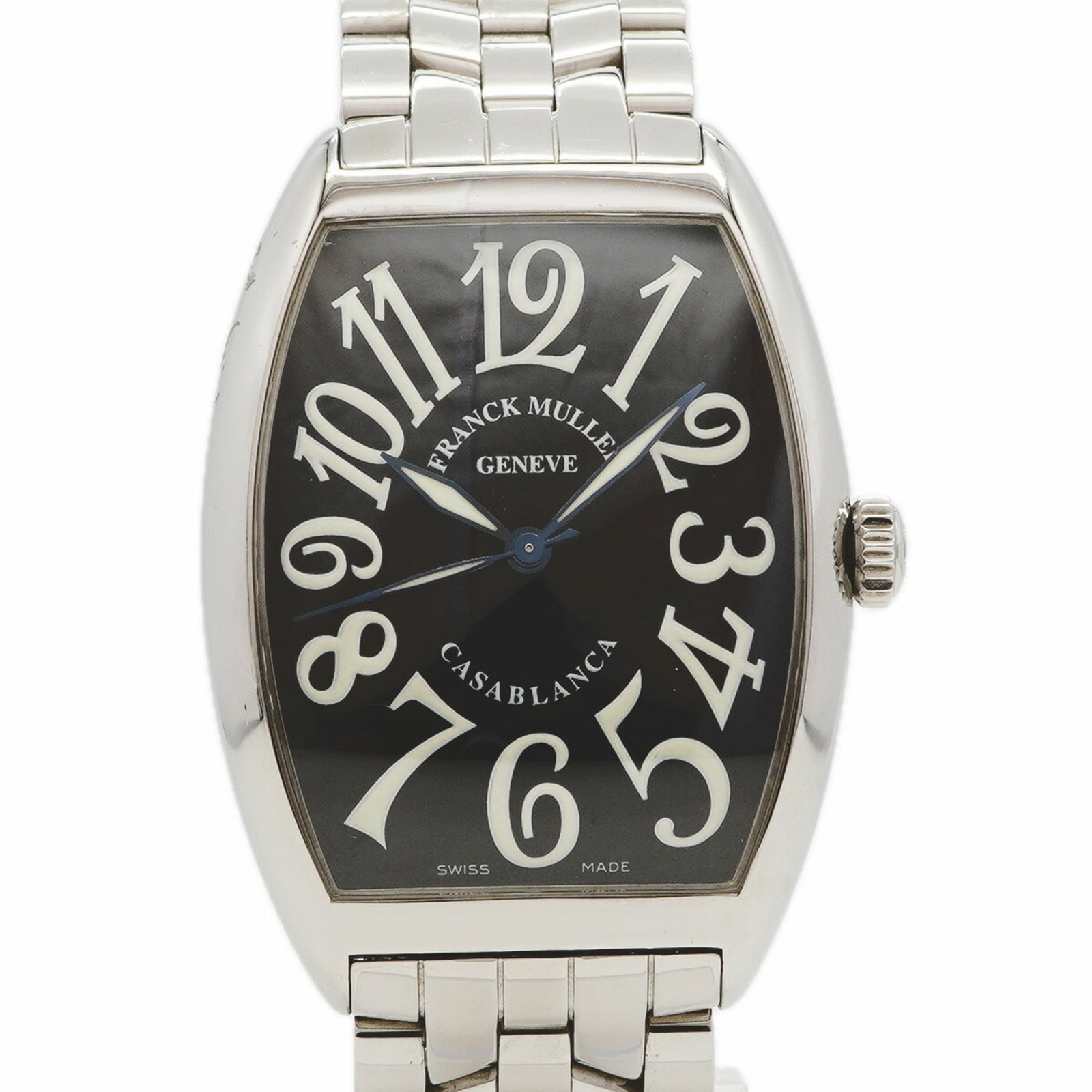 Franck Muller Wristwatch: Franck Muller Wristwatch Stainless steel band and black dial make for a sleek, modern look in this Franck Muller wristwatch. The self-winding automatic movement keeps time with precision, while the