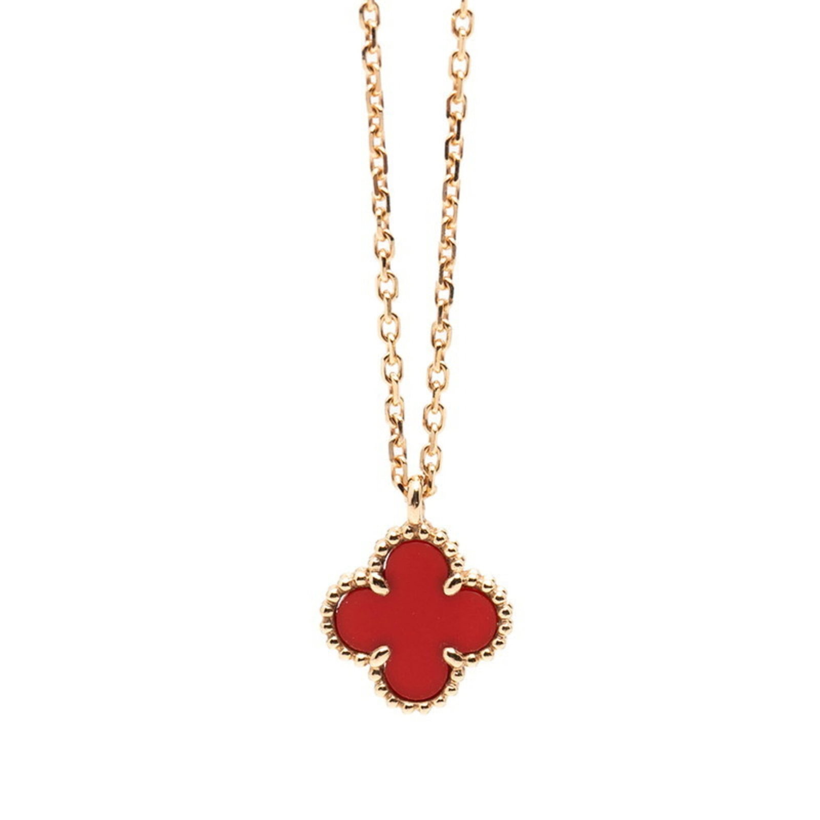 Van Cleef & Arpels Sweet Alhambra Pendant Necklace Gold Red 18Kpg Pink Gold Carnelian Women'S.: Van Cleef & Arpels Sweet Alhambra Pendant Necklace Gold Red 18Kpg Pink Gold Carnelian Women'S. Pink gold (18K) pendant necklace with a 9.4mm x 9.2mm carnelian stone, set in a 40 cm / 15.74'' chain. Th