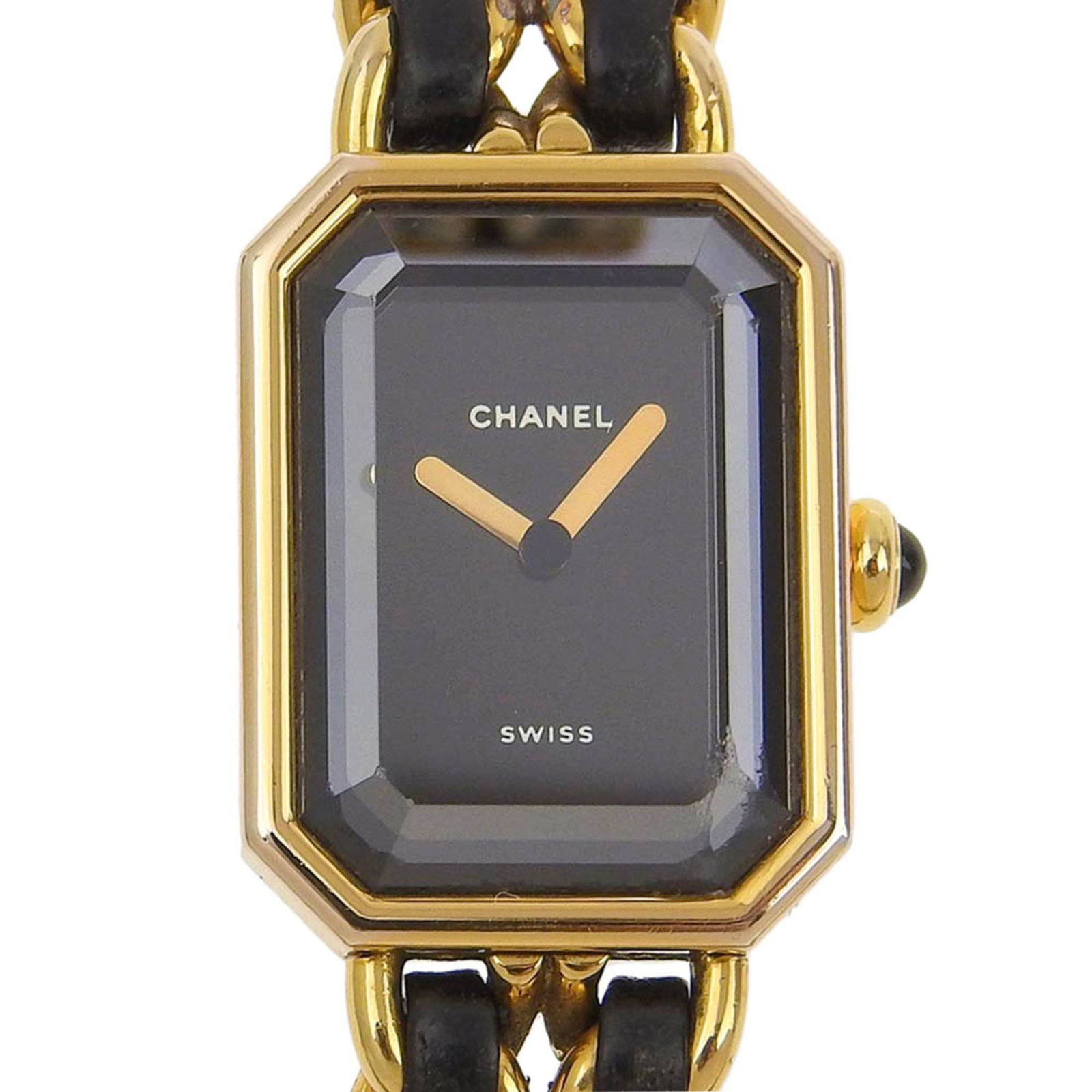 Chanel Wristwatch: Chanel Wristwatch Gold plated Chanel wristwatch with black leather band and analog display, featuring a gold plated case with a diameter of 20mm and a thickness of 7mm. The watch is made from high-qua