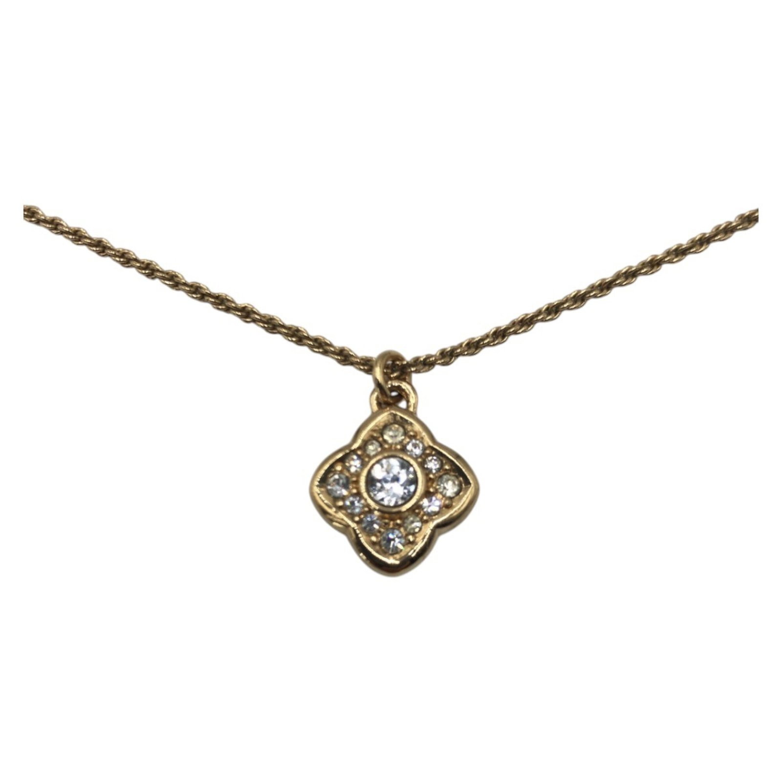 Christian Dior Vintage Rhinestone Gold Metal Necklace Pendant For Women: Christian Dior Vintage Rhinestone Gold Metal Necklace Pendant For Women Gold metal necklace with rhinestone pendant from Christian Dior, a French fashion brand. This elegant pendant features a 15mm x