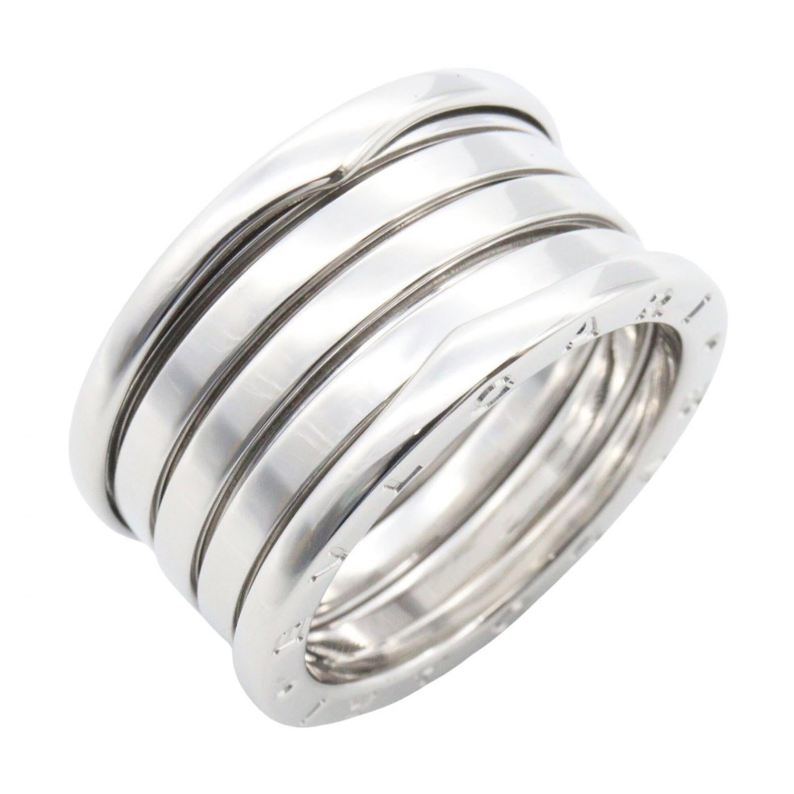 Bvlgari Band Ring White Gold (18K): Bvlgari Band Ring White Gold (18K) White gold (18K) Bvlgari band ring for men and women, available in size US 9 and JP 18. This elegant ring features a silver material with a notable design that
