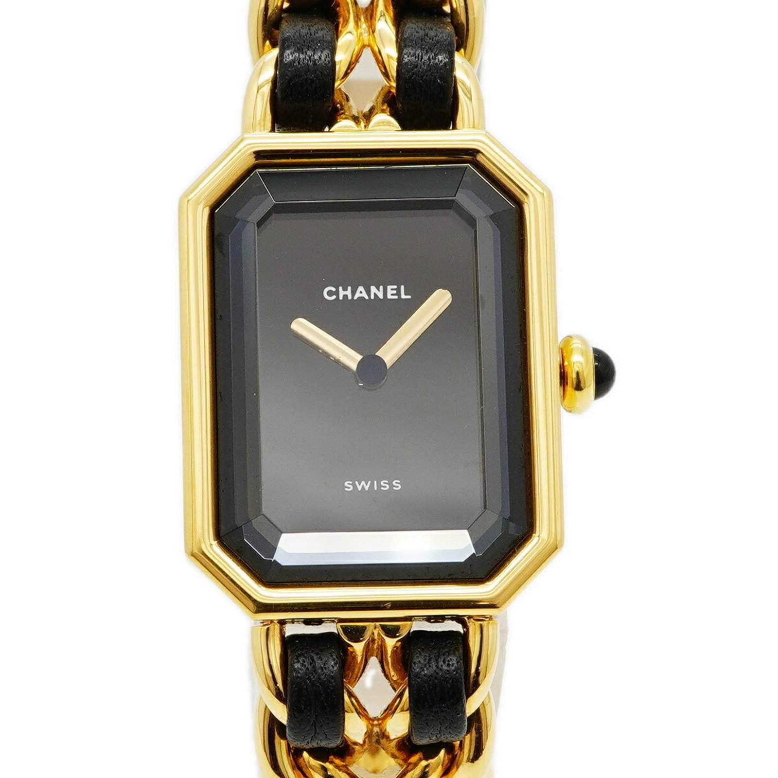 Chanel Wristwatch: Chanel Wristwatch Gold plated leather band and black quartz movement make this Chanel wristwatch a stylish accessory. The compact case diameter of 20.1mm fits comfortably on most wrists, while the