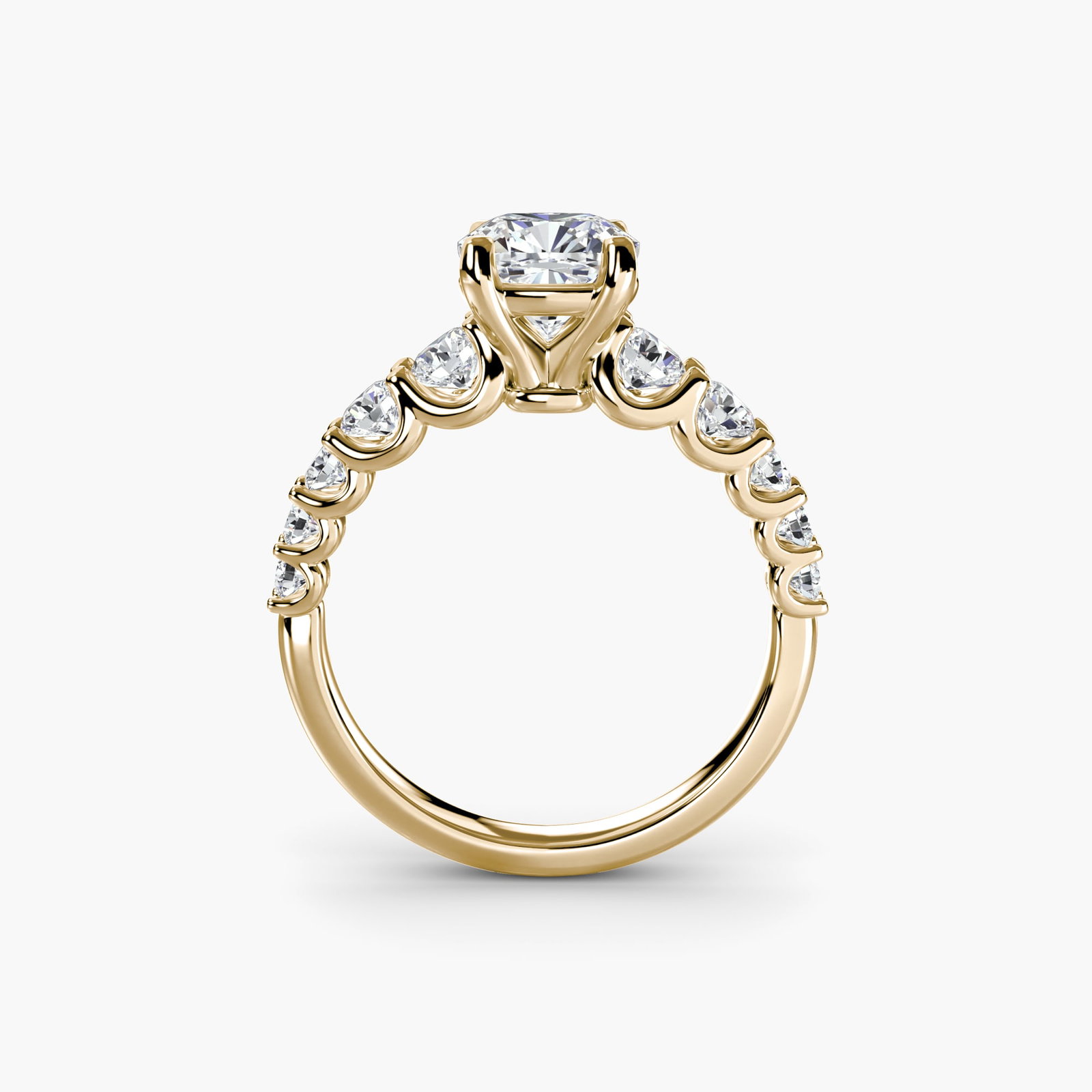 Side Stone Cushion 14Kt Yellow Gold Ring Setting: Side Stone Cushion 14Kt Yellow Gold Ring Setting Cushion ring setting crafted from 14Kt yellow gold, featuring ten lab-grown side stones totaling 1.38 carats in EF/VS clarity and colour. The ring's