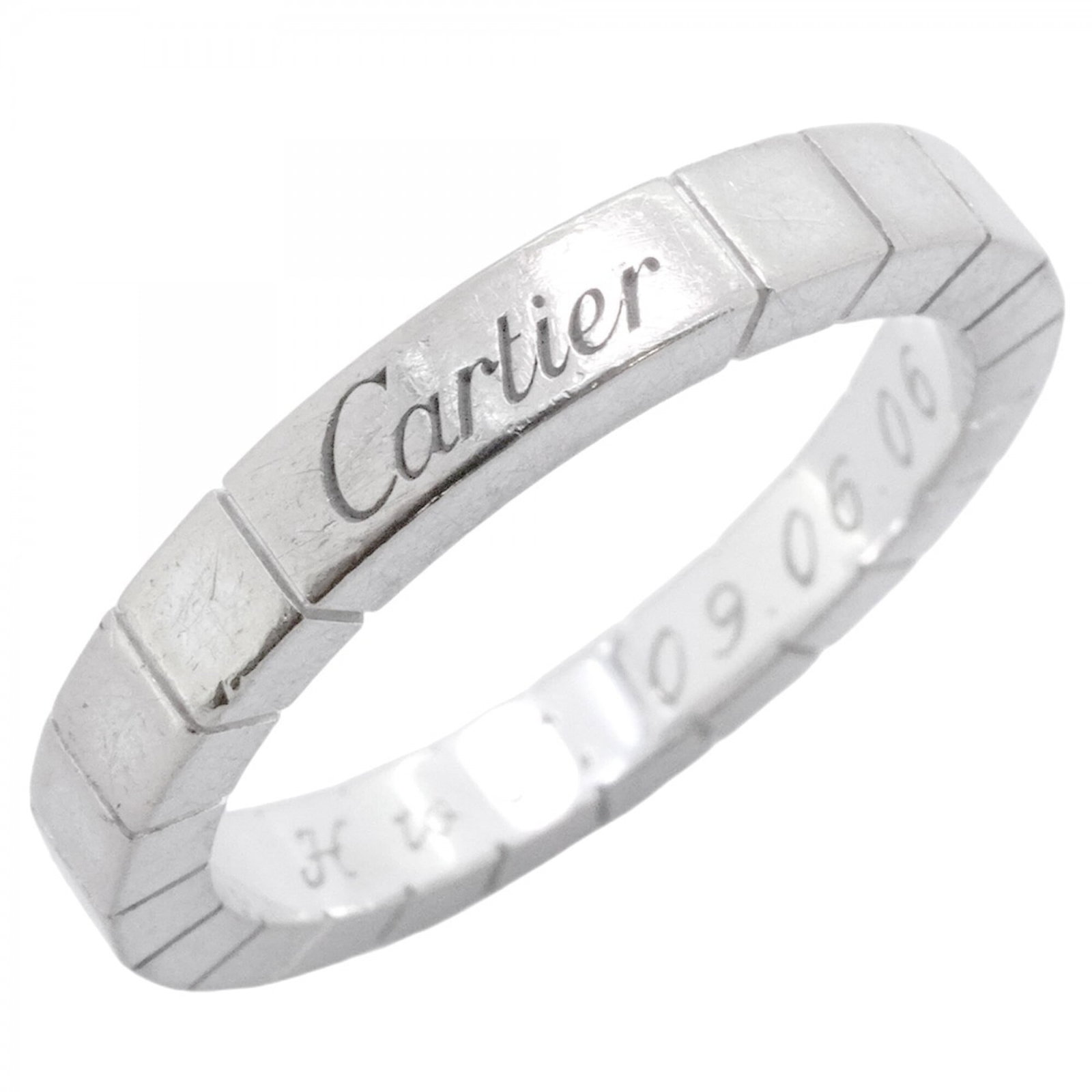 Gold White Ring Cartier Band: Gold White Ring Cartier Band White gold (18K) Cartier band ring with a sleek design, bearing a signature. This men's ring features a classic style and a comfortable fit in US size 9. Made from