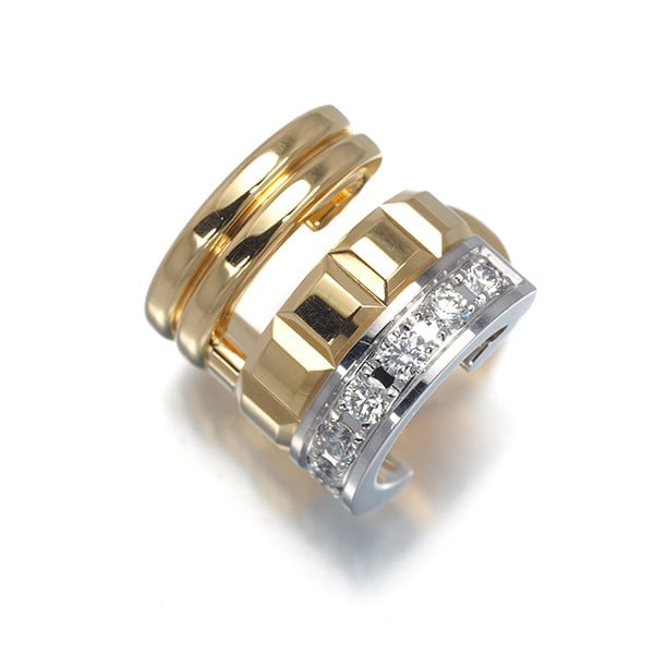 Boucheron Single Earring Diamond Quatre Radiant Openwork 18K Yg/ Wg: Boucheron Single Earring Diamond Quatre Radiant Openwork 18K Yg/ Wg Multi-tone gold metal Boucheron single earring features an unmarked diamond set in a clip-on design, measuring 10.6 x 10.5mm in