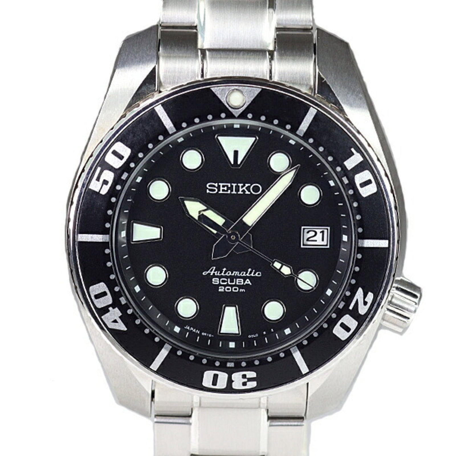 Wristwatch by Seiko: Wristwatch by Seiko Stainless steel case and band provide a durable foundation for this automatic self-winding wristwatch. Water-resistant up to 200m, it's designed to withstand everyday wear. With