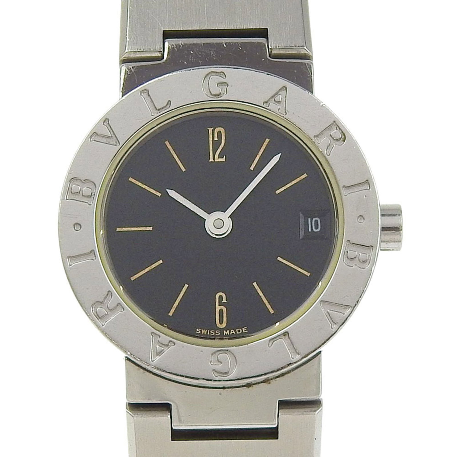 Bvlgari Wristwatch: Bvlgari Wristwatch Stainless steel case and band, the Bvlgari Wristwatch boasts a sleek black dial. With its quartz movement and date display, this timepiece keeps perfect time. Measuring just 23mm