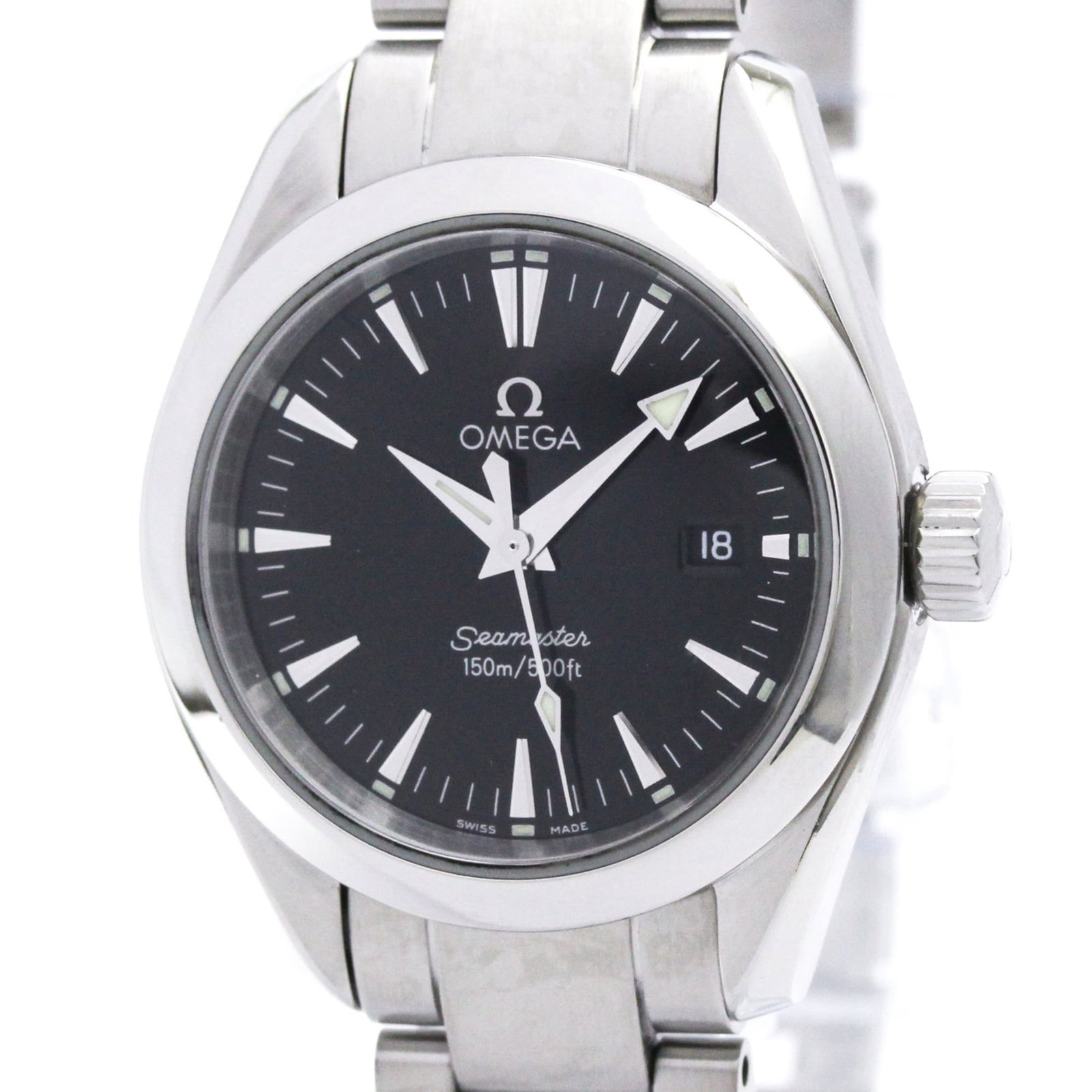 Wristwatch of Omega: Wristwatch of Omega Stainless steel case and band provide a sleek, sporty look for women. The black dial features a quartz movement with date function, making it a practical choice for everyday wear. 