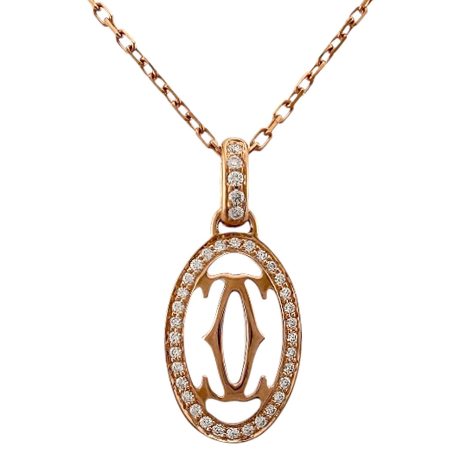 Double C Necklace by Cartier 18K Pink Gold Diamond: Double C Necklace by Cartier 18K Pink Gold Diamond Double C Necklace by Cartier in 18K Pink Gold features a striking design with a pendant measuring 22mm x 10mm. The necklace's pink gold (18K)