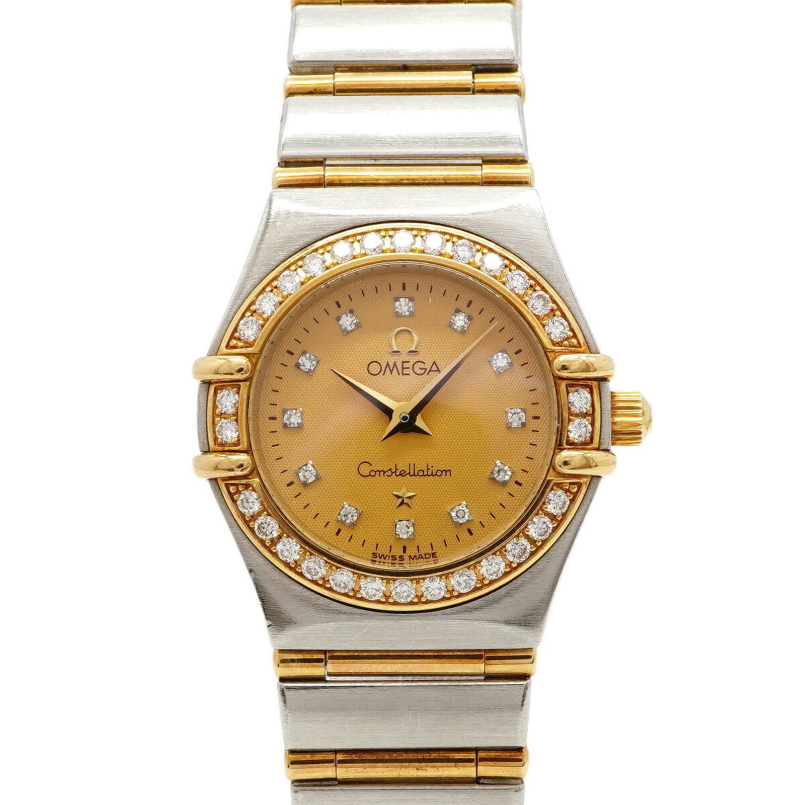 Wristwatch of Omega: Wristwatch of Omega Stainless steel and yellow gold combine in sleek, sophisticated design. This Omega wristwatch boasts a quartz movement and gold dial, making it a stylish timepiece for everyday
