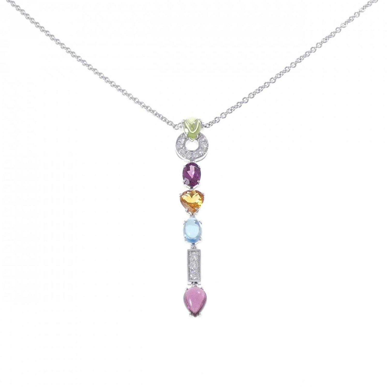 Bvlgari Necklace Allegra: Bvlgari Necklace Allegra White gold (18K) Bvlgari Necklace Allegra features citrine, diamond, garnet, peridot, and topaz stones. The necklace has a pendant size of 57.4mm x 9.2mm and comes with a box.