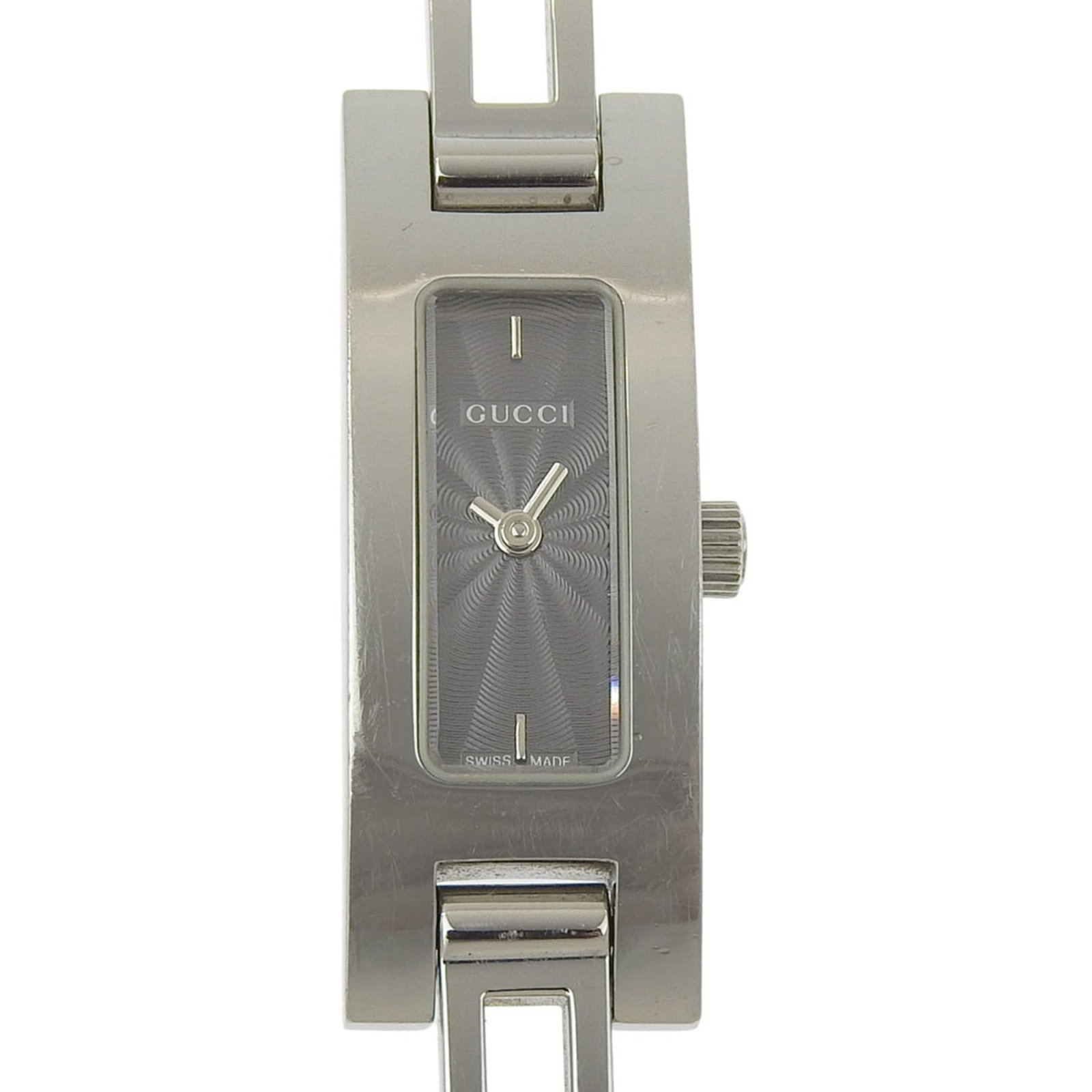 Gucci Wristwatch: Gucci Wristwatch Stainless steel case and band provide a sleek, modern look for women's wrists. The black quartz movement keeps time with precision, while the compact design makes it easy to wear