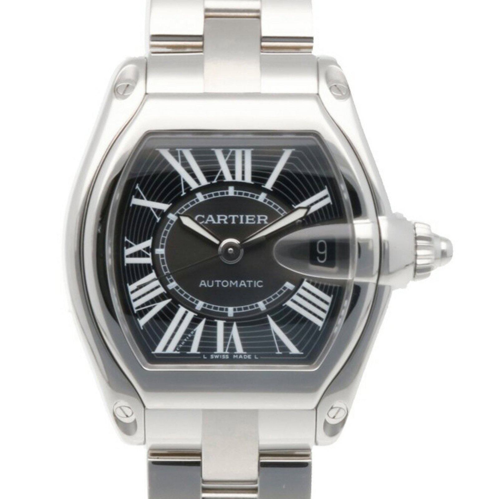 Wristwatch By Cartier: Wristwatch By Cartier Stainless steel case and band, the Cartier Roadster wristwatch boasts a sleek black dial. Powered by a self-winding automatic movement, this timepiece features a classic design w