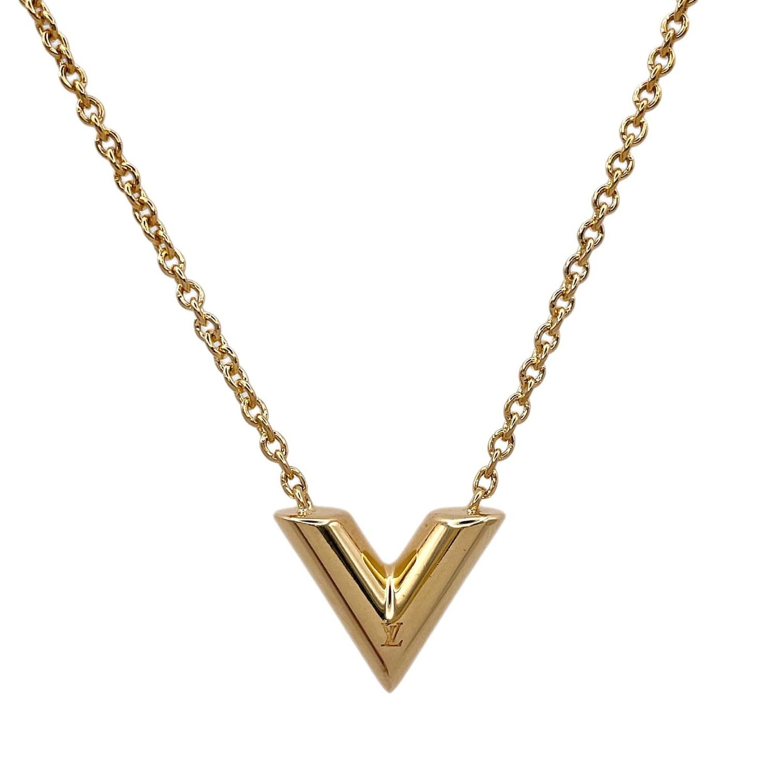 Louis Vuitton Essential V Necklace Metal Gold Women'S: Louis Vuitton Essential V Necklace Metal Gold Women'S Metal gold necklace from Louis Vuitton, featuring the Essential V pendant with dimensions 12mm x 15mm. The necklace has a gold metal finish and
