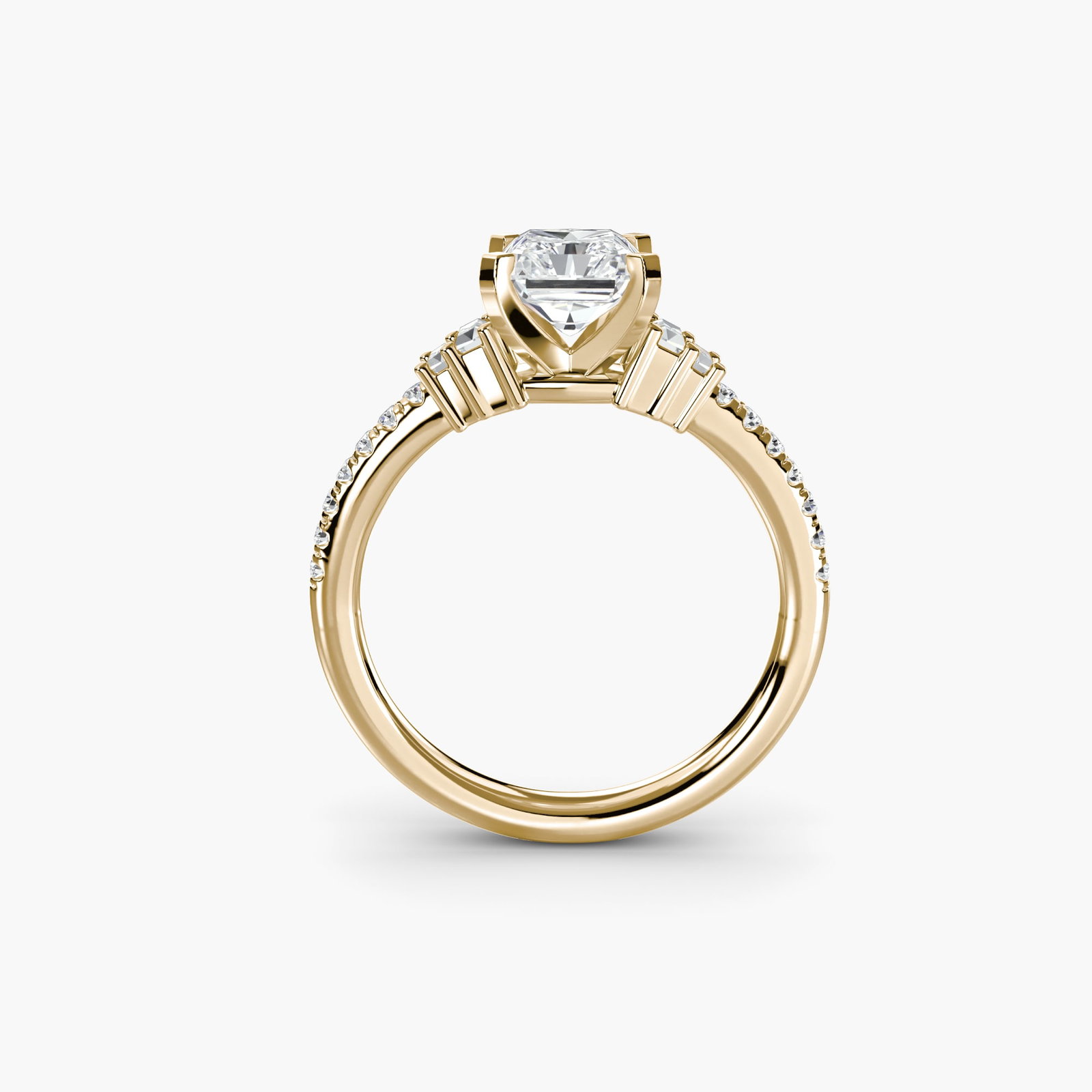 Pave Radiant 14Kt Yellow Gold Ring Setting: Pave Radiant 14Kt Yellow Gold Ring Setting Pave Radiant 14Kt Yellow Gold Ring Setting features an intricate design with 18 side stones totaling 0.26 carats, set in a radiant ring shape with a 2.4mm
