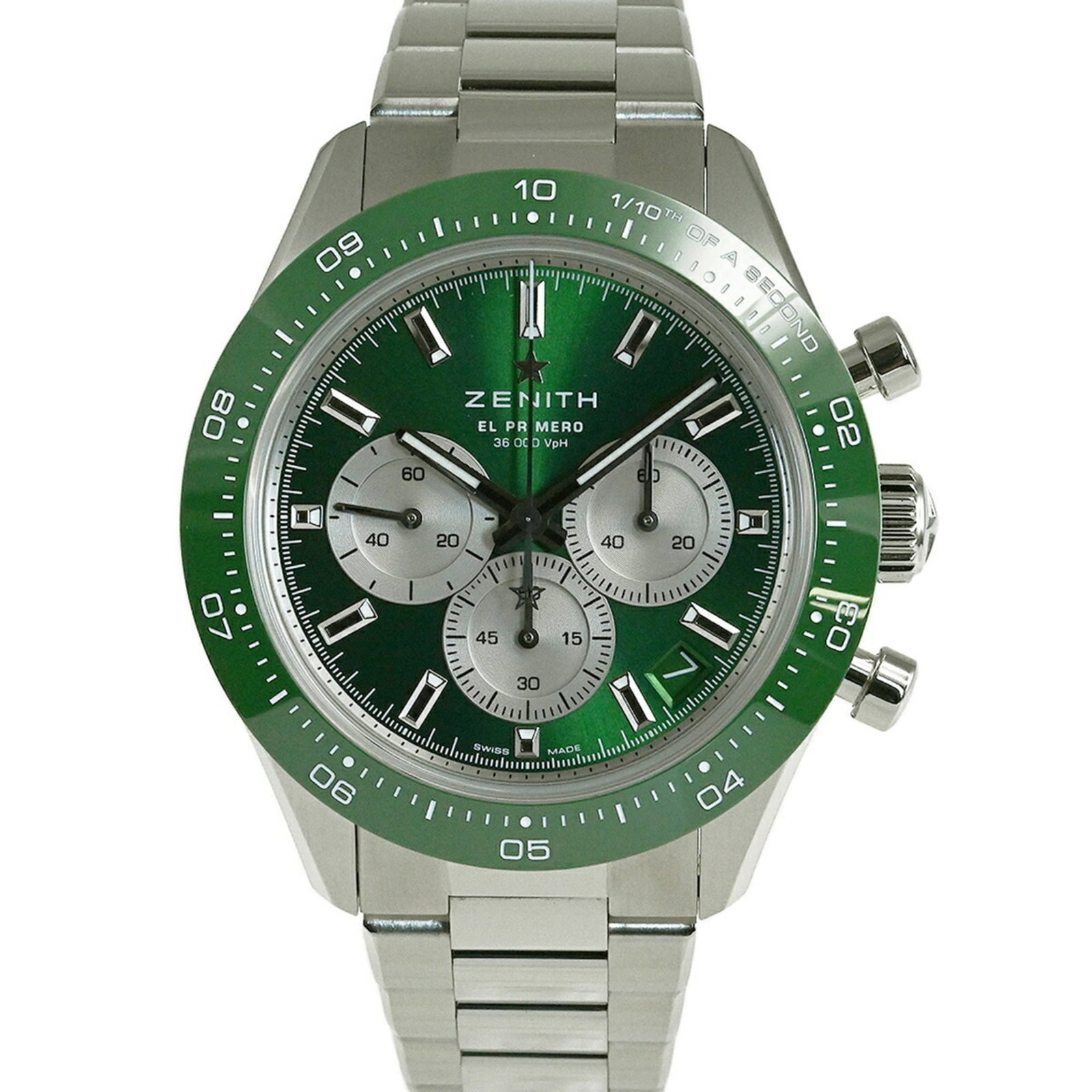 Wristwatch at Zenith: Wristwatch at Zenith The Zenith Chronomaster 03.3108.3600/57.M3100 wristwatch boasts a sleek, sporty design with a gray and green dial, making it a stylish accessory for everyday wear. Its