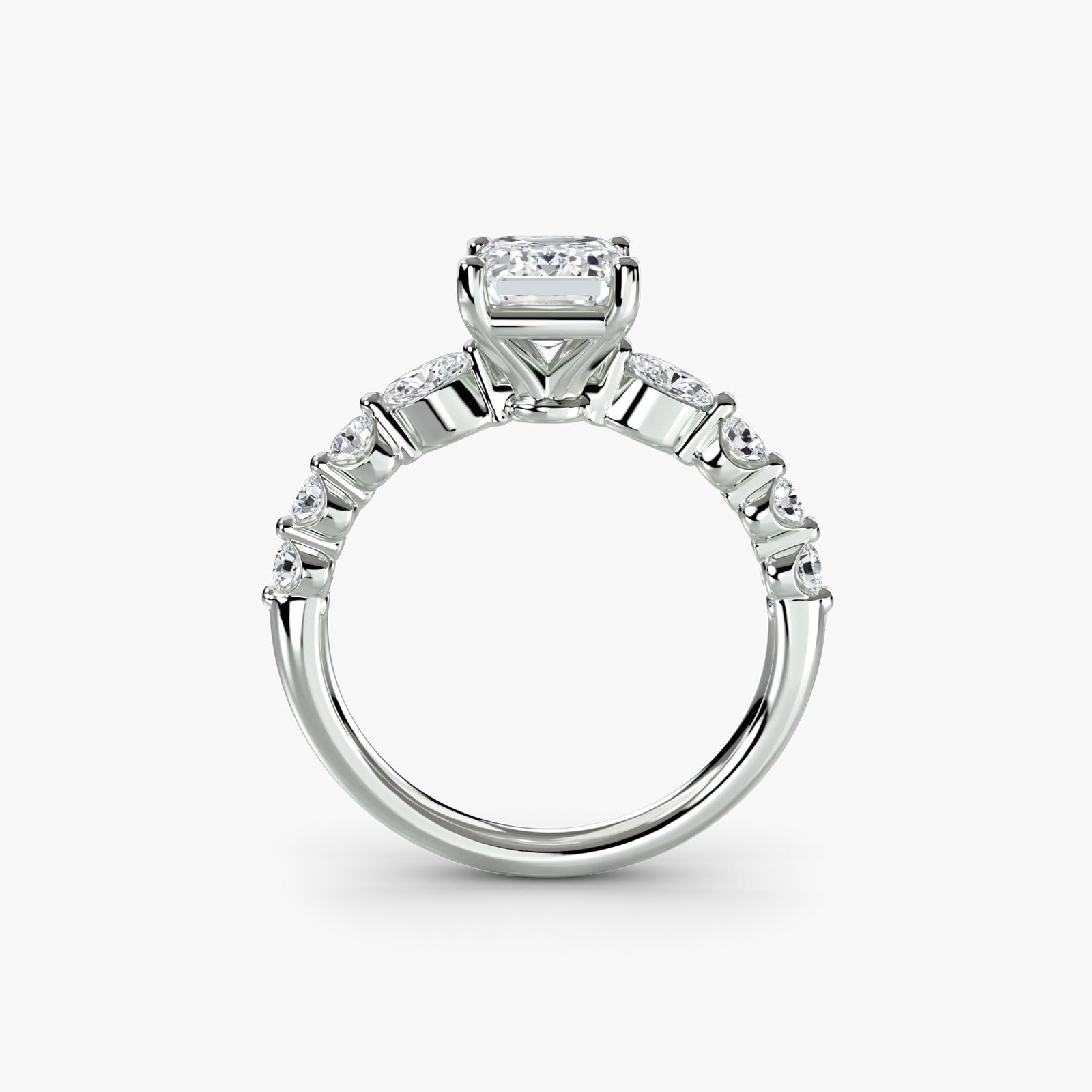 Pave Emerald 18Kt White Gold Ring Setting: Pave Emerald 18Kt White Gold Ring Setting Pave Emerald Ring Setting in 18Kt White Gold. This stunning ring setting features 8 side stones weighing 0.29 carats total, set in a pave design on an 18k