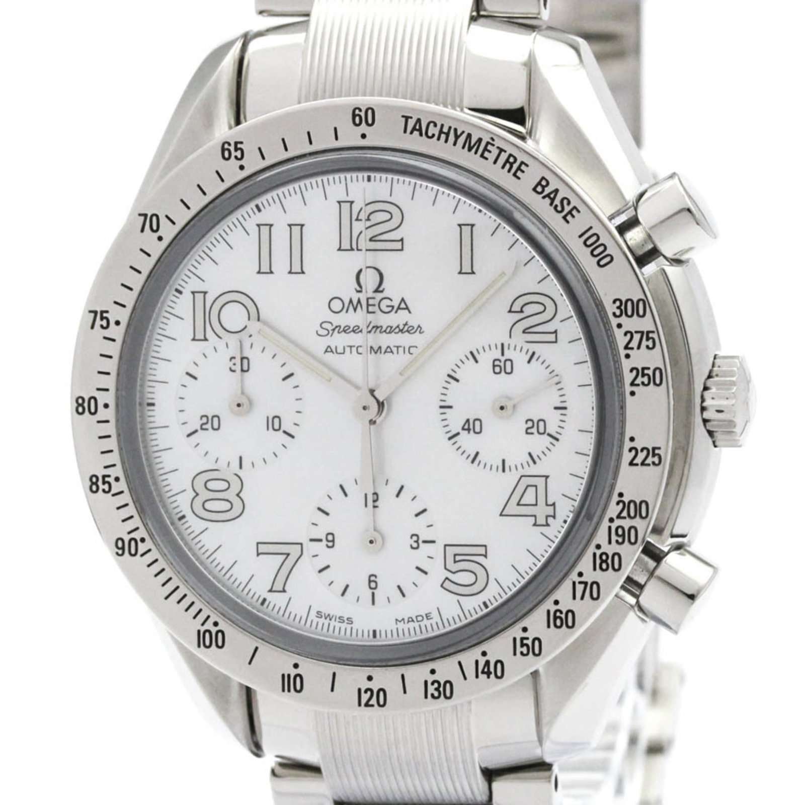 Wristwatch of Omega: Wristwatch of Omega Stainless steel case and band, the Omega Speedmaster watch boasts a sleek design with a white shell dial. Powered by a self-winding automatic movement, this chronograph features a