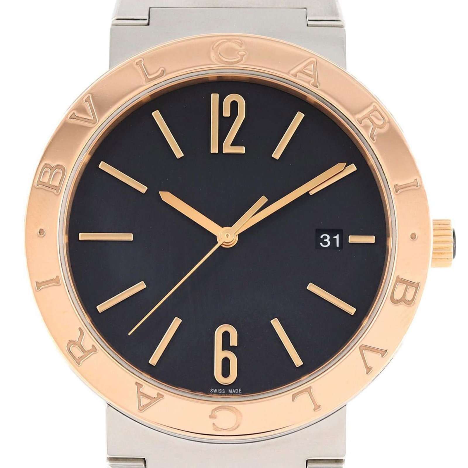 Bvlgari Wristwatch: Bvlgari Wristwatch Pink gold and stainless steel meet in sleek, modern design with the Bvlgari wristwatch. This self-winding automatic timepiece boasts a black dial and measures 41mm across its case,