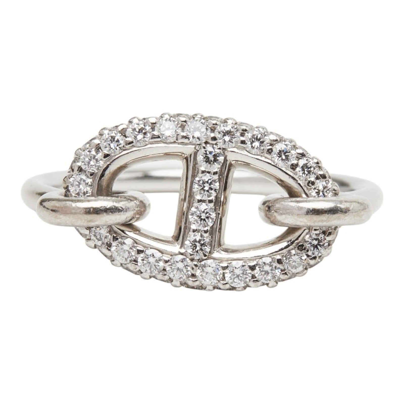 Hermes white gold band ring 18k: Hermes white gold band ring 18k 18k white gold band ring from Hermes features a diamond stone and measures 2.5mm in width, with an inner diameter of 15.90mm. The ring weighs 3.7g and is available in
