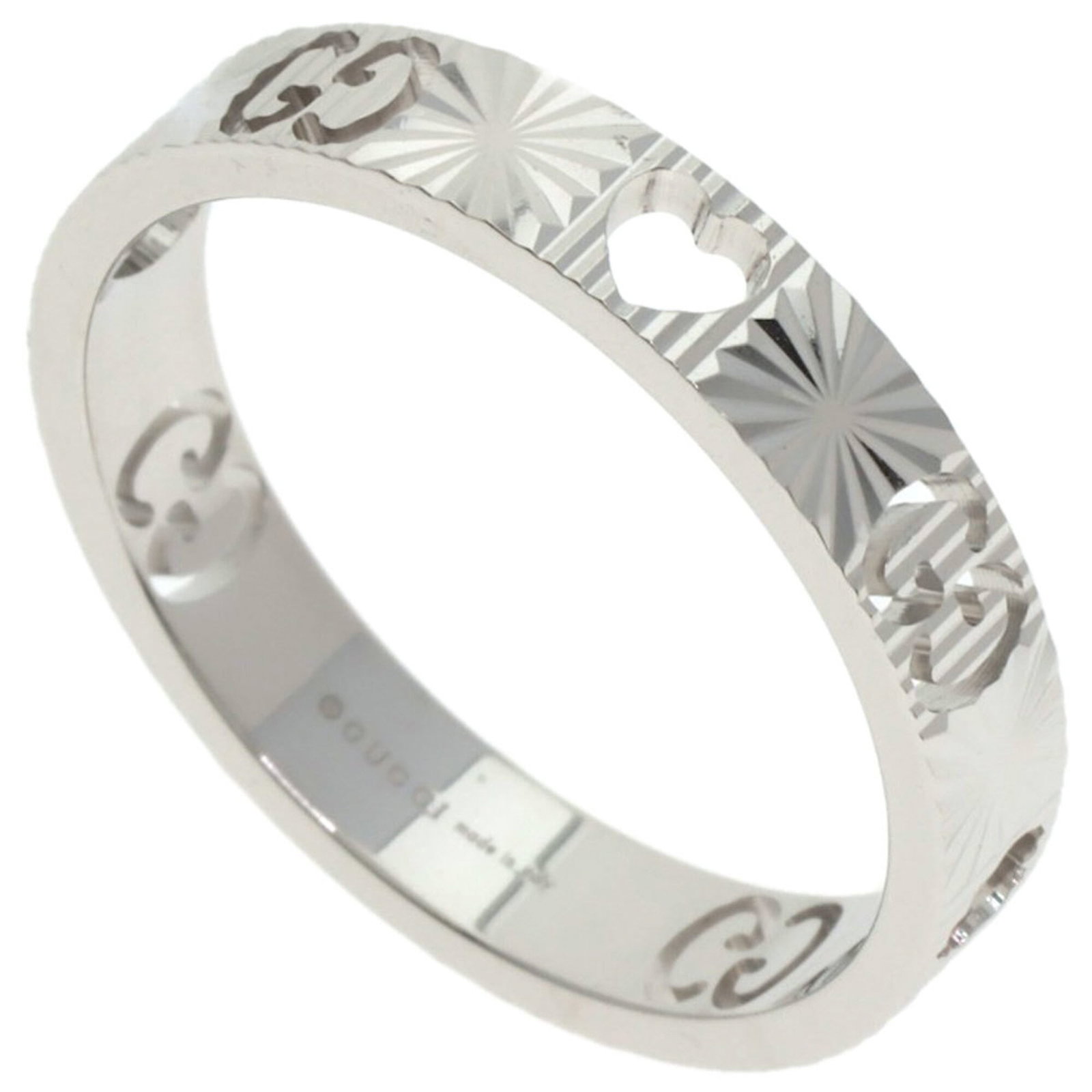 White Gold Gucci Band Ring: White Gold Gucci Band Ring White gold (18K) band ring from the Gucci line, available in US size 10 and JP size 21. This elegant ring features a classic design that showcases its premium white gold