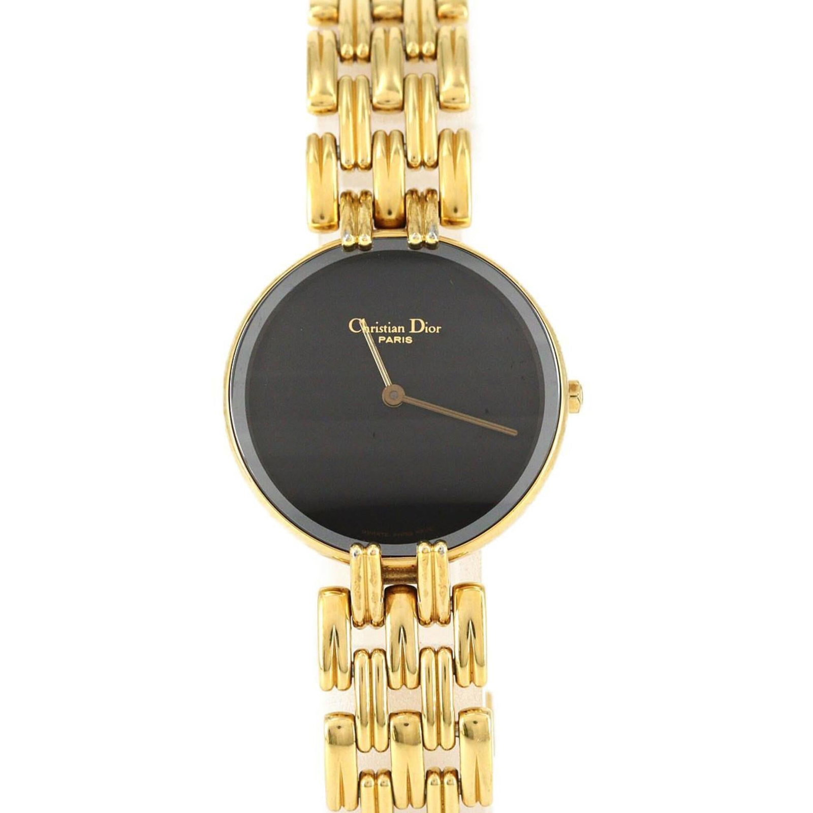 Christian Dior Wristwatch: Christian Dior Wristwatch Gold plated Christian Dior wristwatch with black dial, perfect for everyday wear. This stylish timepiece features a gold plated case and band, measuring 27mm in diameter and