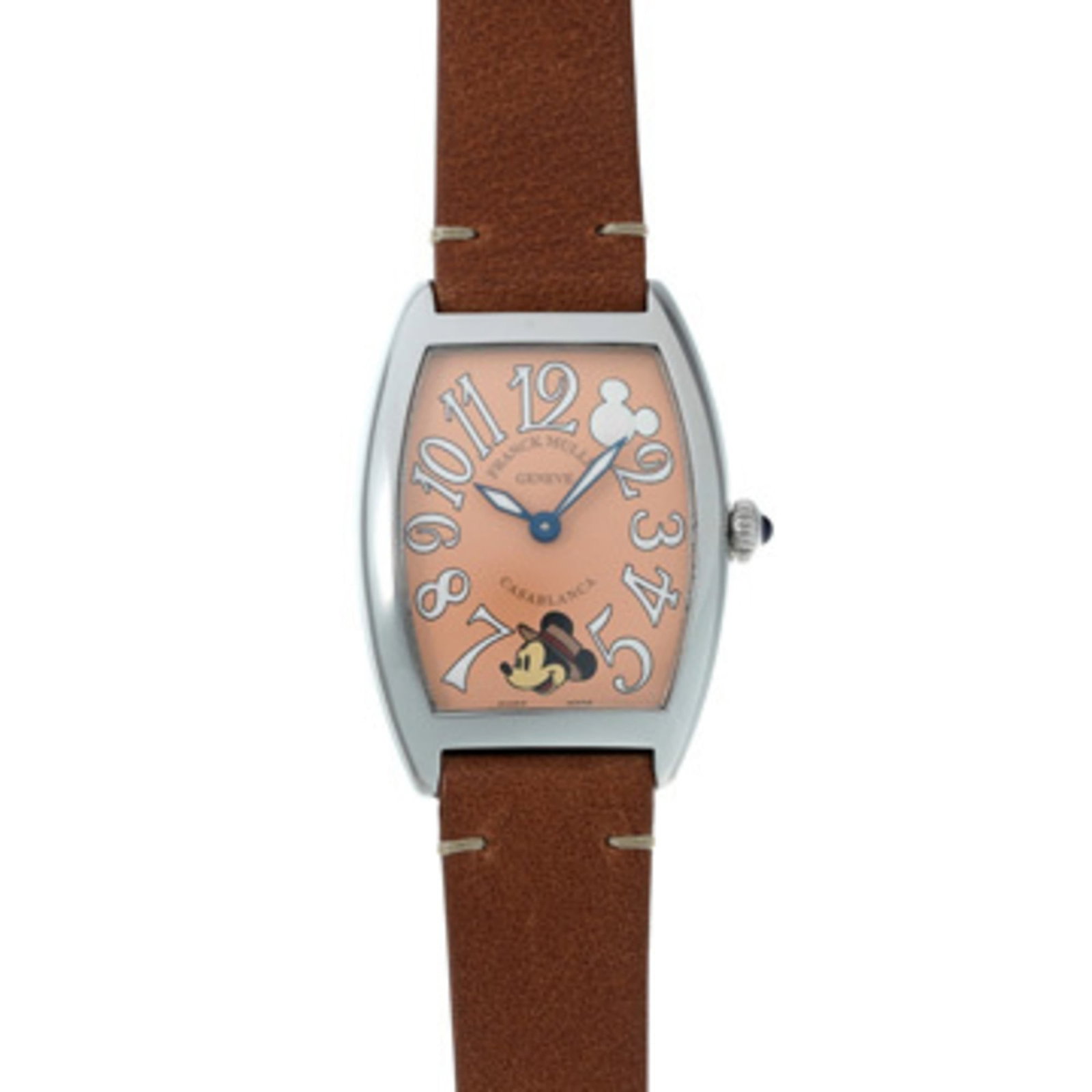 Franck Muller Wristwatch: Franck Muller Wristwatch Stainless steel case with leather band, this Franck Muller wristwatch features an analog display and self-winding movement. The pink dial stands out against the sleek metal