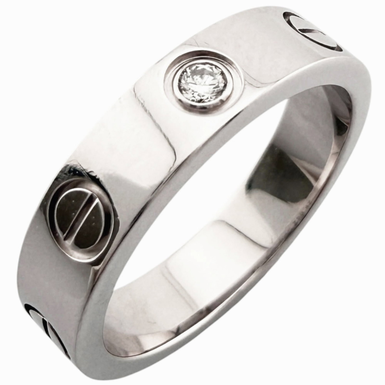 Gold White Ring Cartier Band: Gold White Ring Cartier Band White gold (18K) Cartier band ring features a diamond stone. US Size 4 and JP Size 7, suitable for women's rings. Made from high-quality white gold material. Item