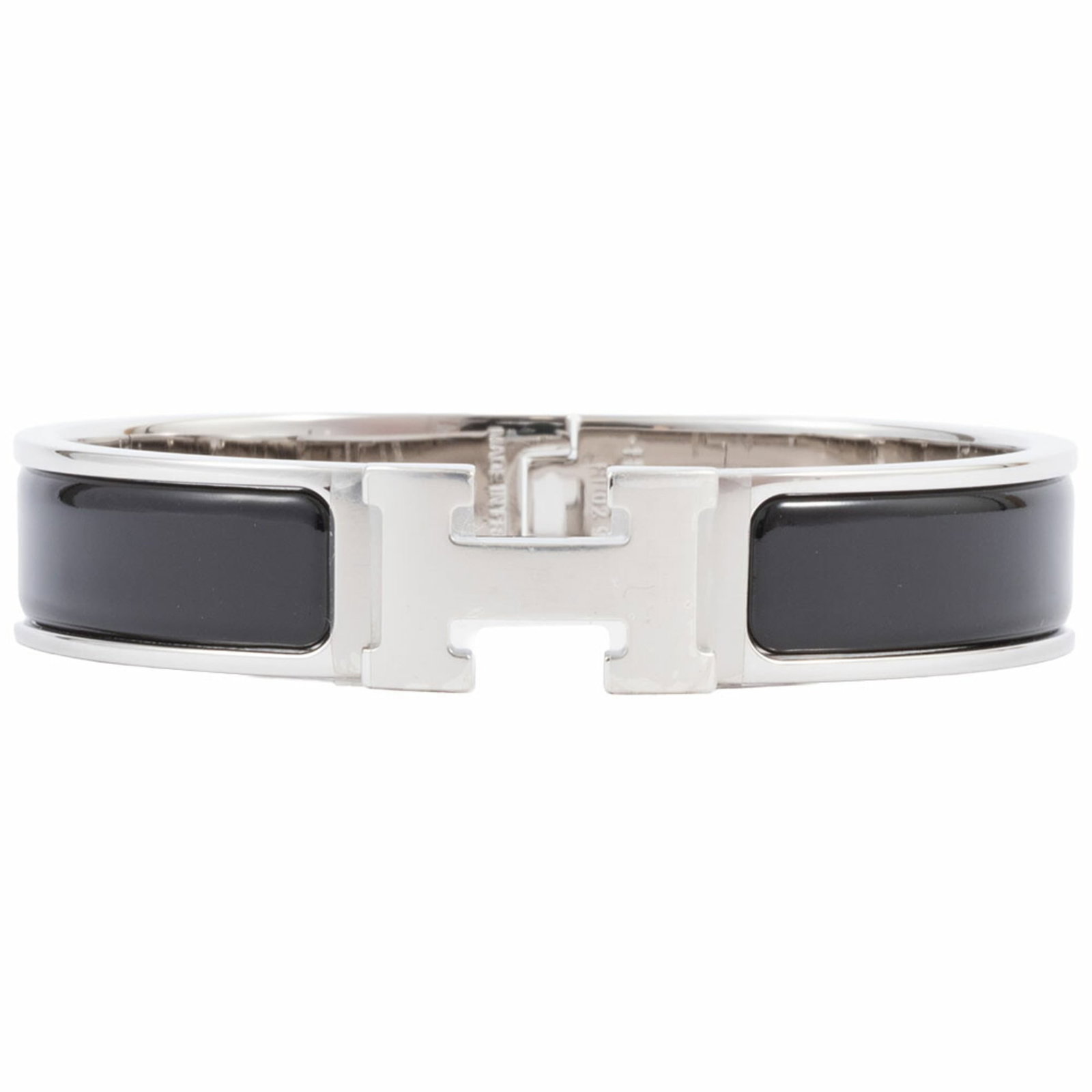 Metal enamel charm bracelet by Hermes: Metal enamel charm bracelet by Hermes Metal enamel charm bracelet by Hermes features a sleek black and silver design, showcasing intricate enamel work. The 16cm length provides a versatile fit for eve