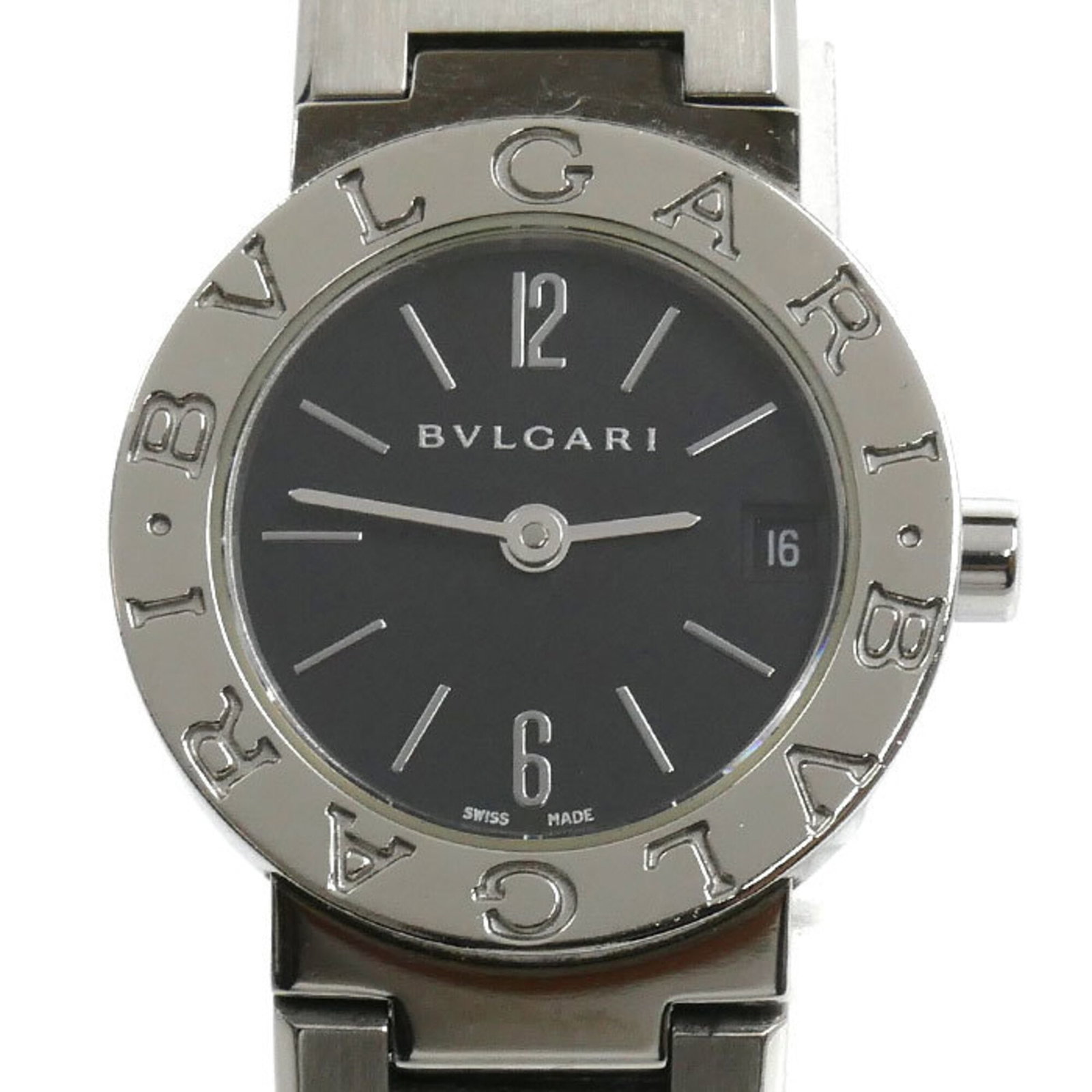 Bvlgari Wristwatch: Bvlgari Wristwatch Stainless steel case and band, paired with a sleek black dial and sapphire glass crystal, make this Bvlgari wristwatch a stylish accessory. The quartz movement ensures reliable