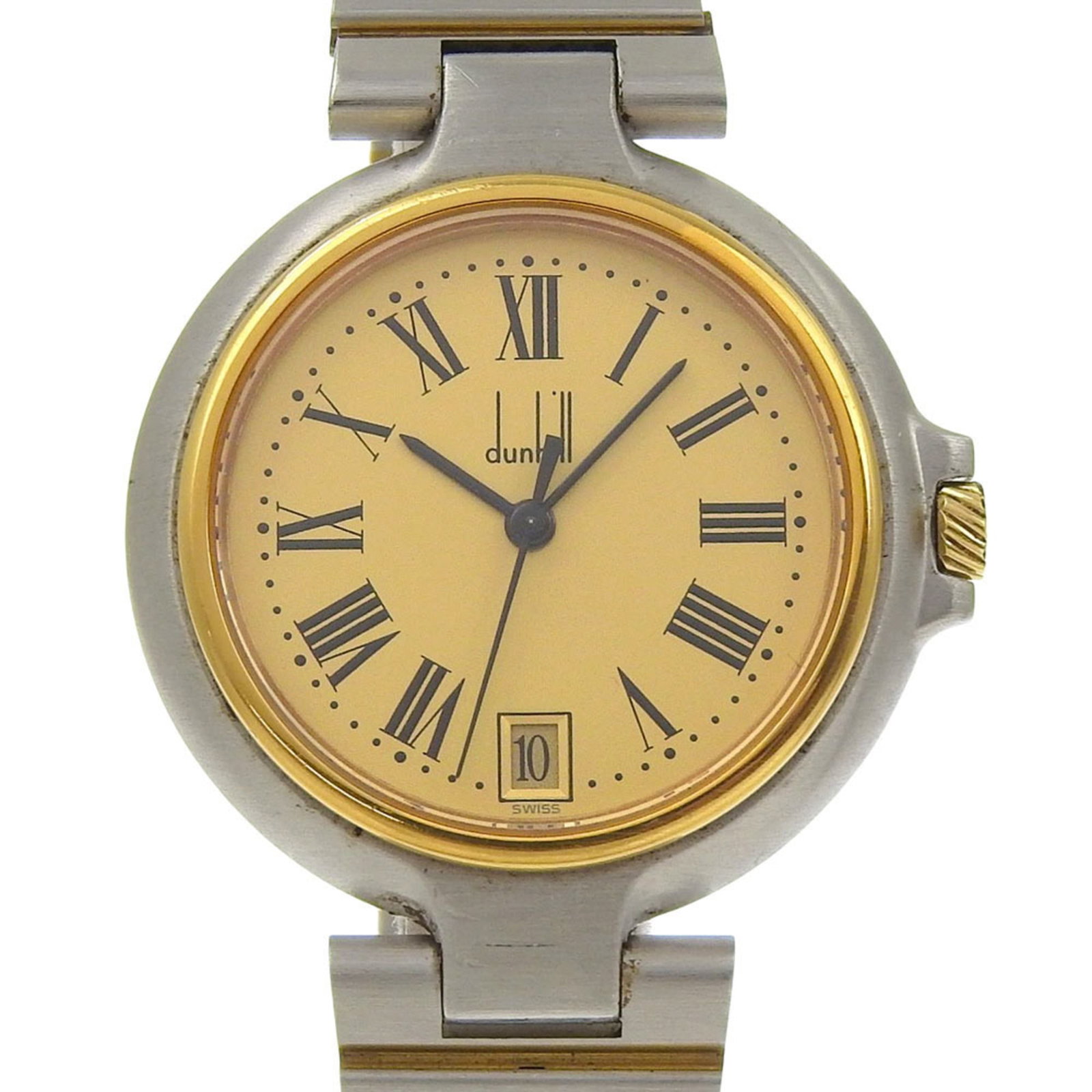 Wristwatch from Dunhill: Wristwatch from Dunhill Stainless steel case and band provide a sleek, modern look for the Dunhill wristwatch. The gold dial adds a touch of elegance to this quartz movement timepiece, available in a