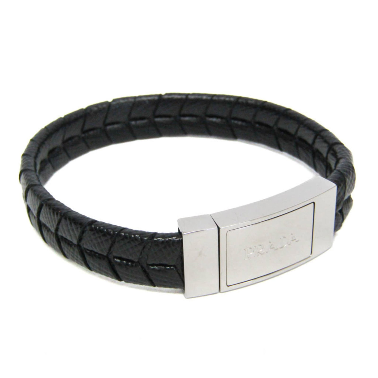 Prada Bangle Leather: Prada Bangle Leather Prada Bangle Leather features a sleek black leather design with a box clasp closure, measuring 17.5cm in length and 1.2cm in width. The bangle's total length is 19.5cm, weighing 1